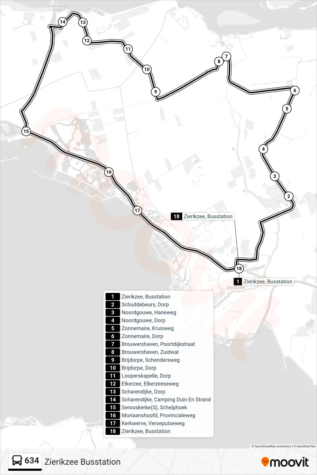 Lijn 634 (bus, Zierikzee Busstation): route en haltes op de kaart