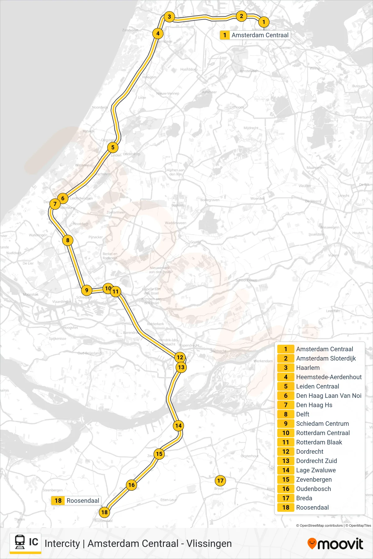 Lijn IC (trein, Roosendaal): route en haltes op de kaart