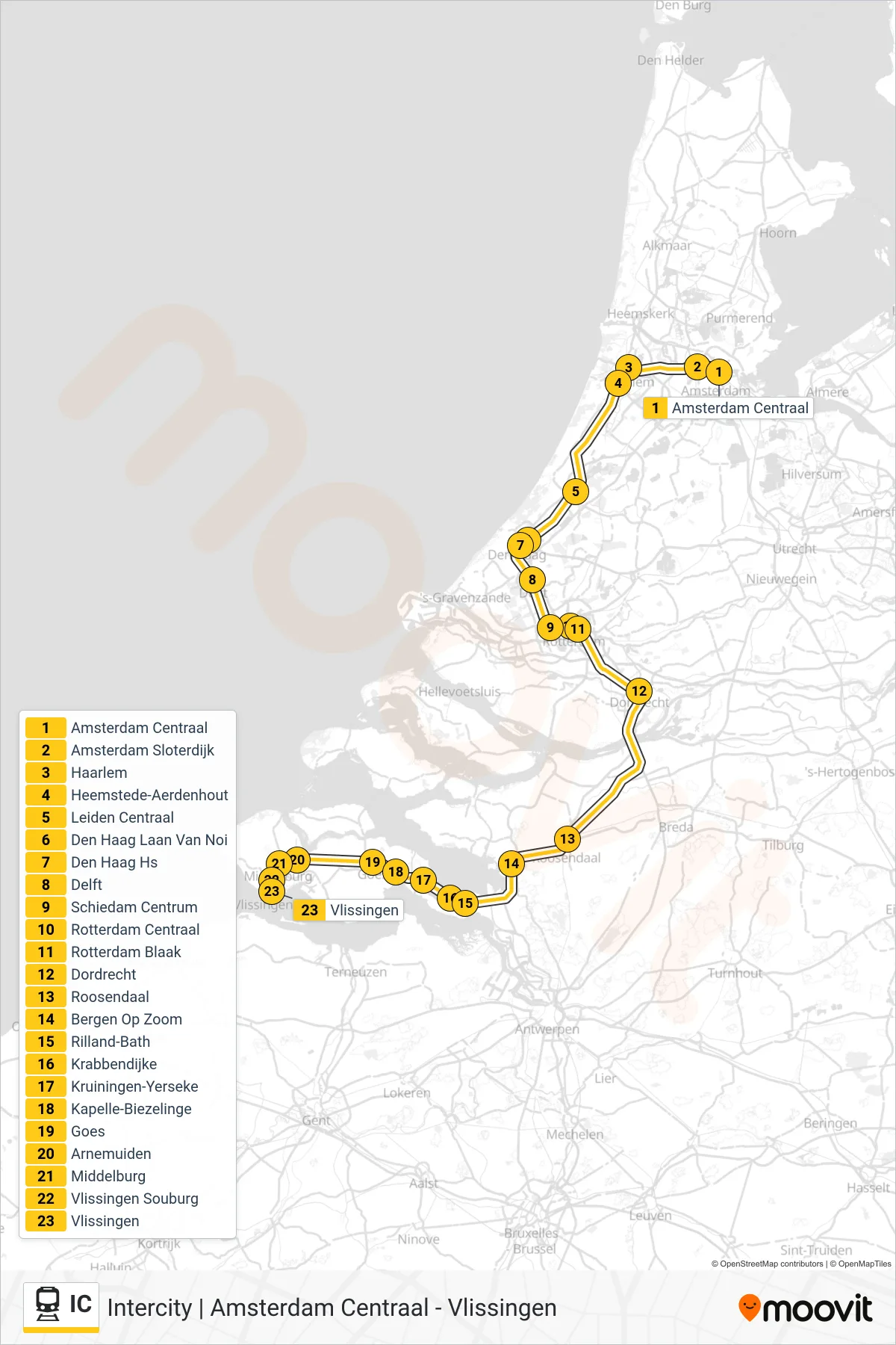 Lijn IC (trein, Vlissingen): route en haltes op de kaart