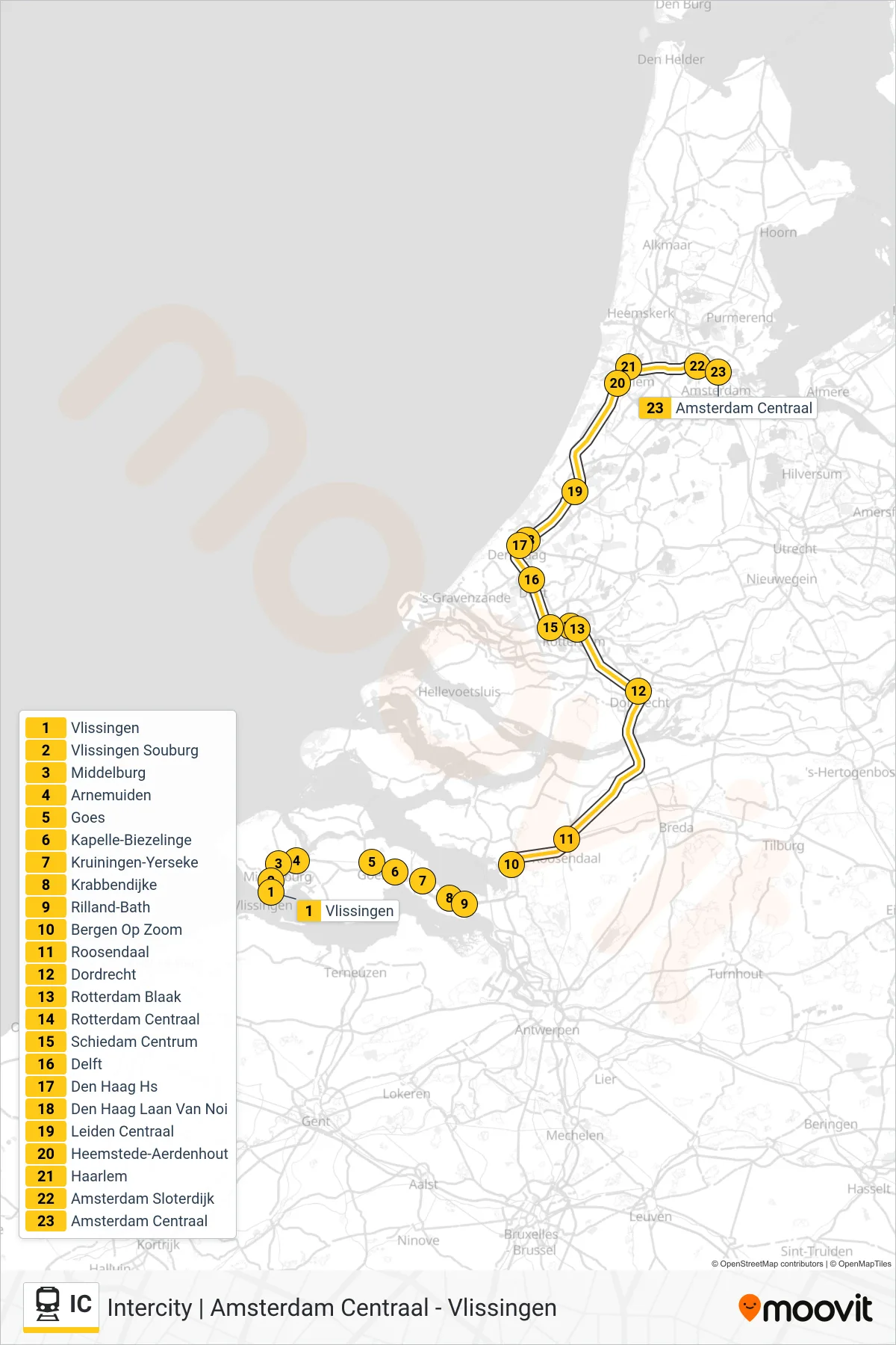 Lijn IC (trein, Amsterdam Centraal): route en haltes op de kaart