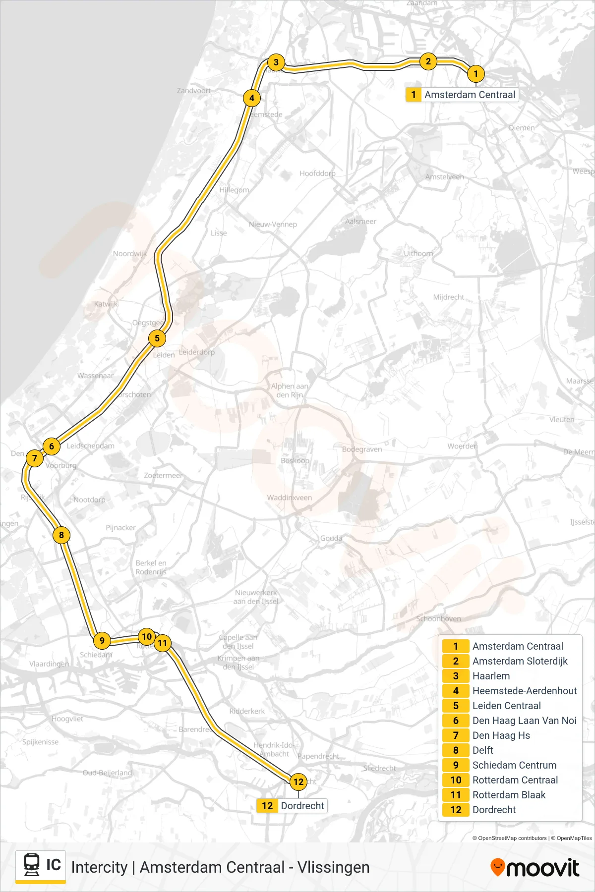 Lijn IC (trein, Dordrecht): route en haltes op de kaart