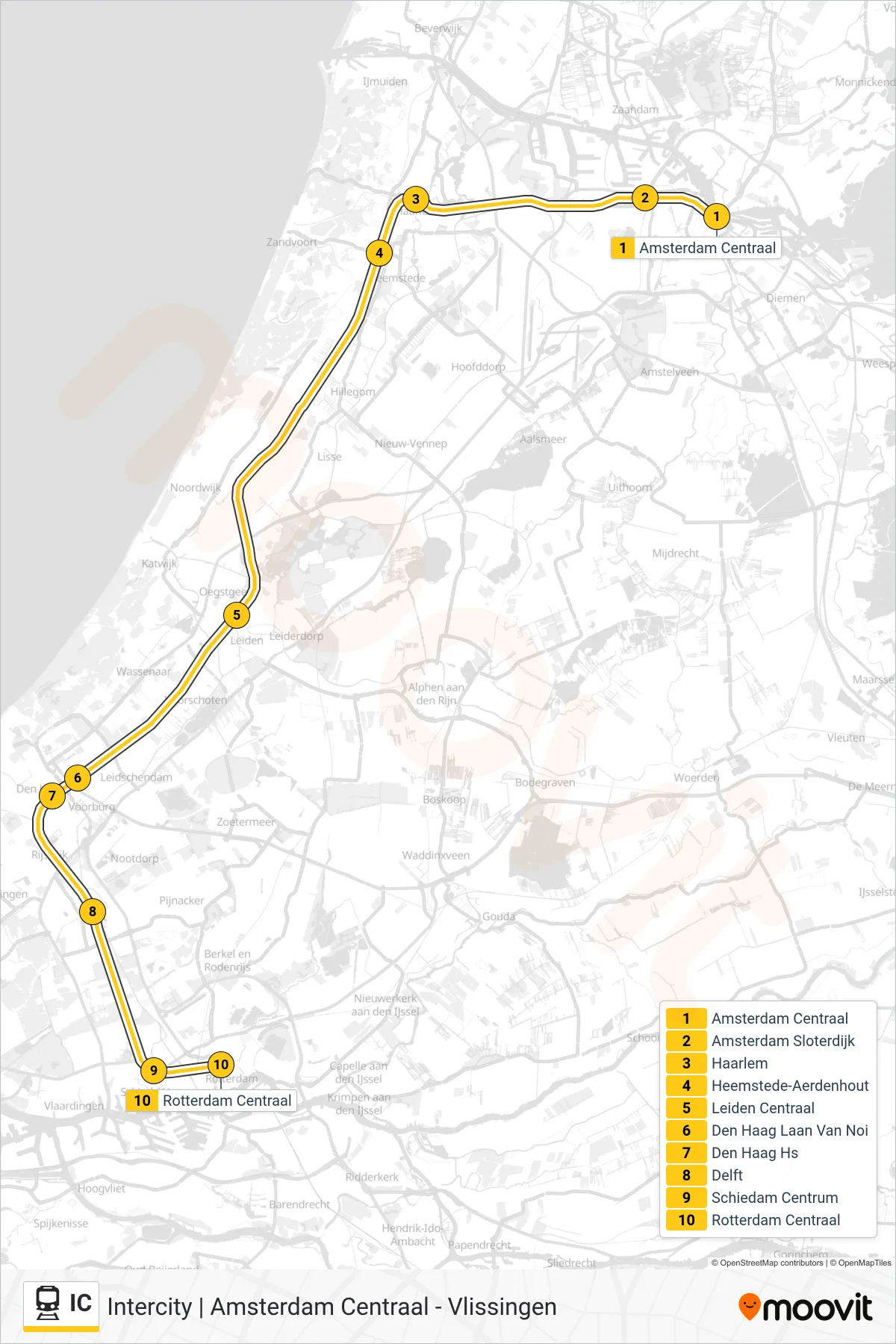 Lijn IC (trein, Rotterdam Centraal): route en haltes op de kaart