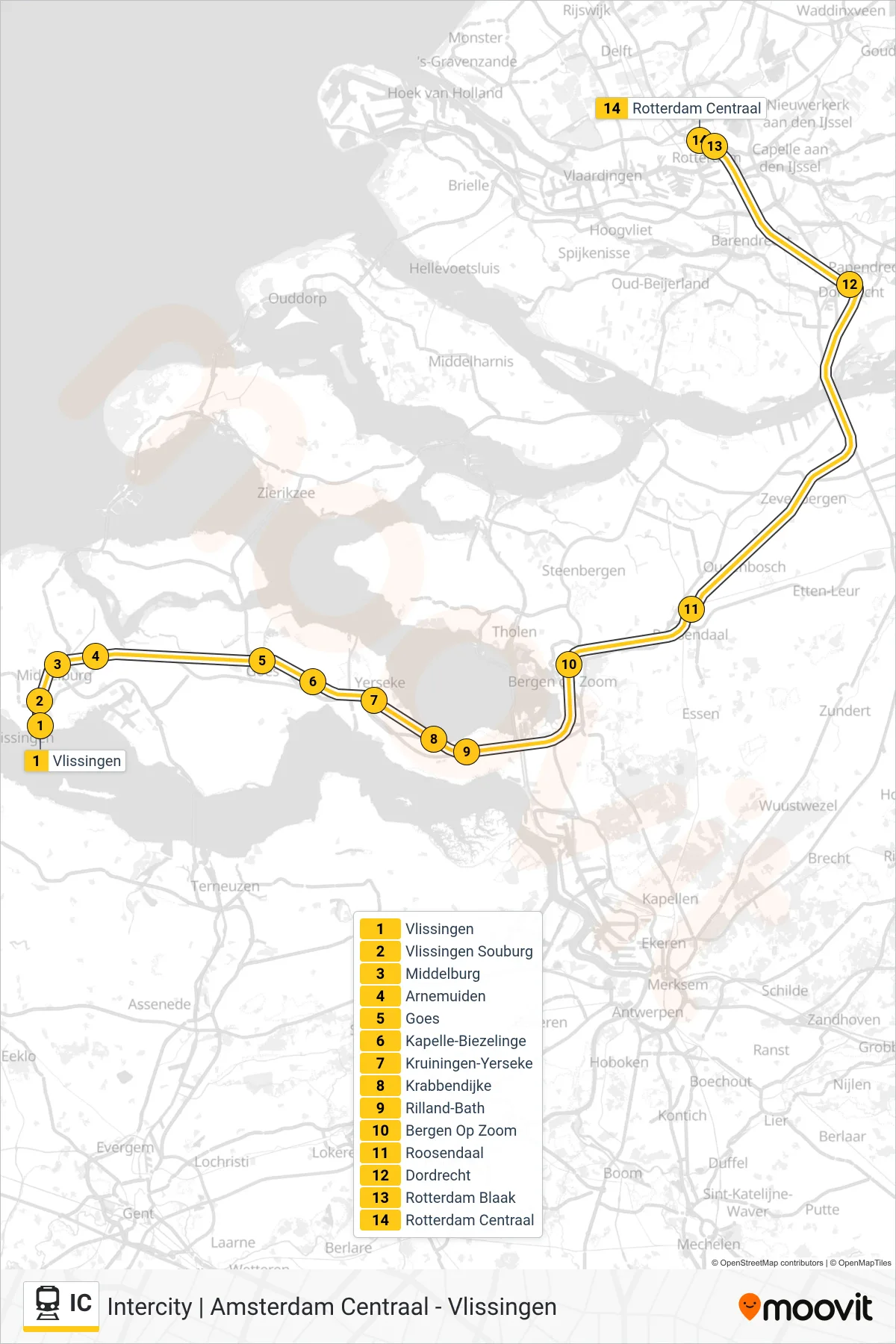 IC rail Line (Rotterdam Centraal) route and stops on a map