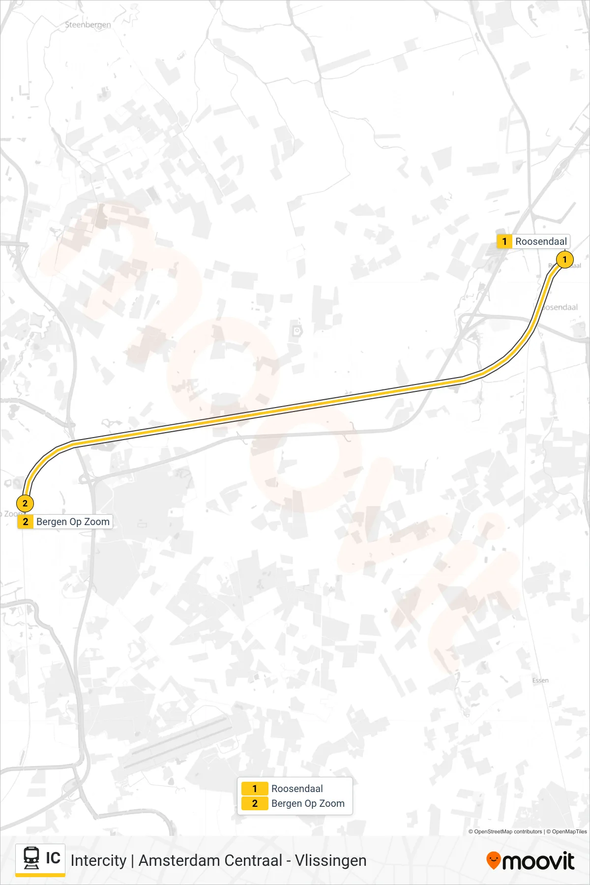IC train Line (Bergen Op Zoom) route and stops on a map