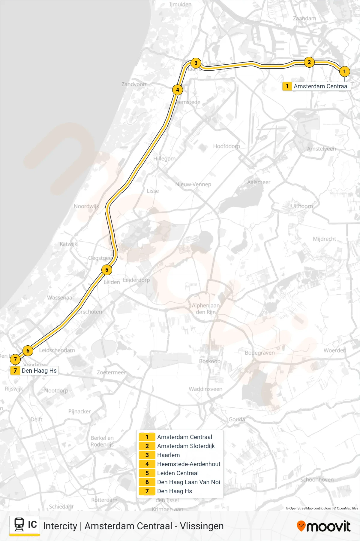 IC train Line (Den Haag Hs) route and stops on a map