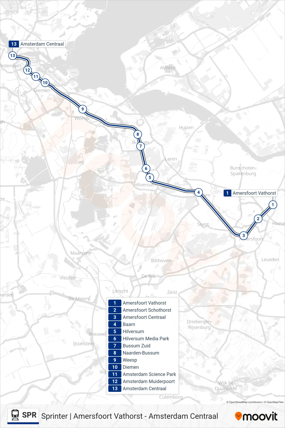 Lijn SPR (trein, Amsterdam Centraal): route en haltes op de kaart