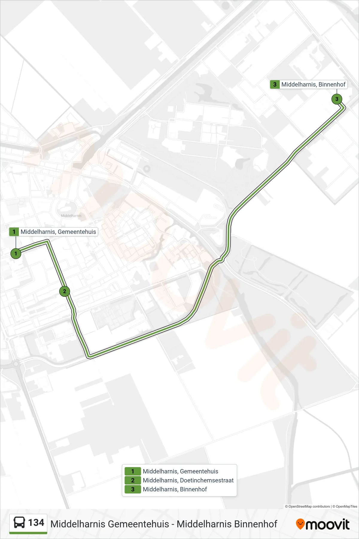 Lijn 134 (bus, Middelharnis Binnenhof): route en haltes op de kaart