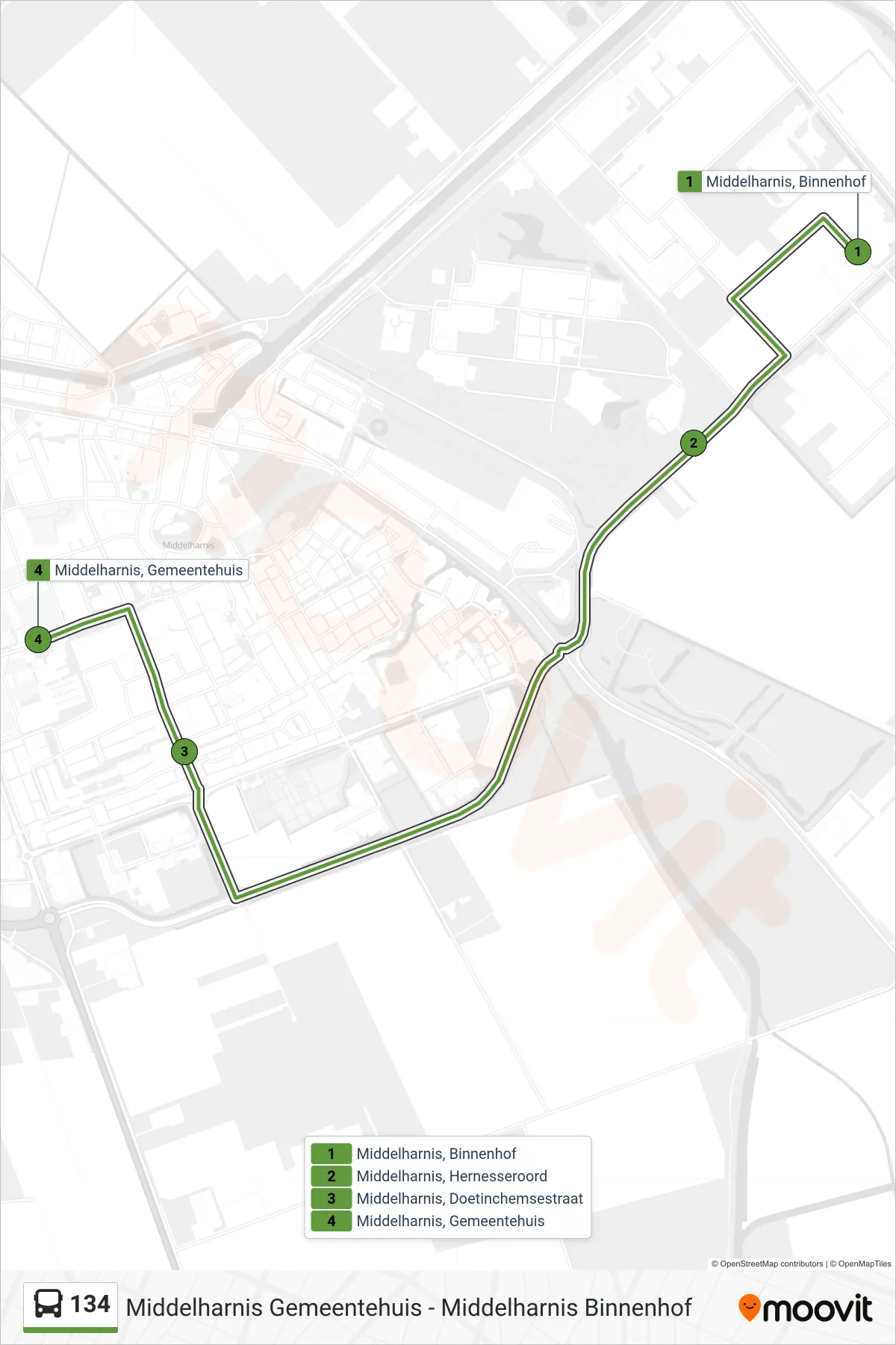 Lijn 134 (bus, Middelharnis Gemeentehuis): route en haltes op de kaart