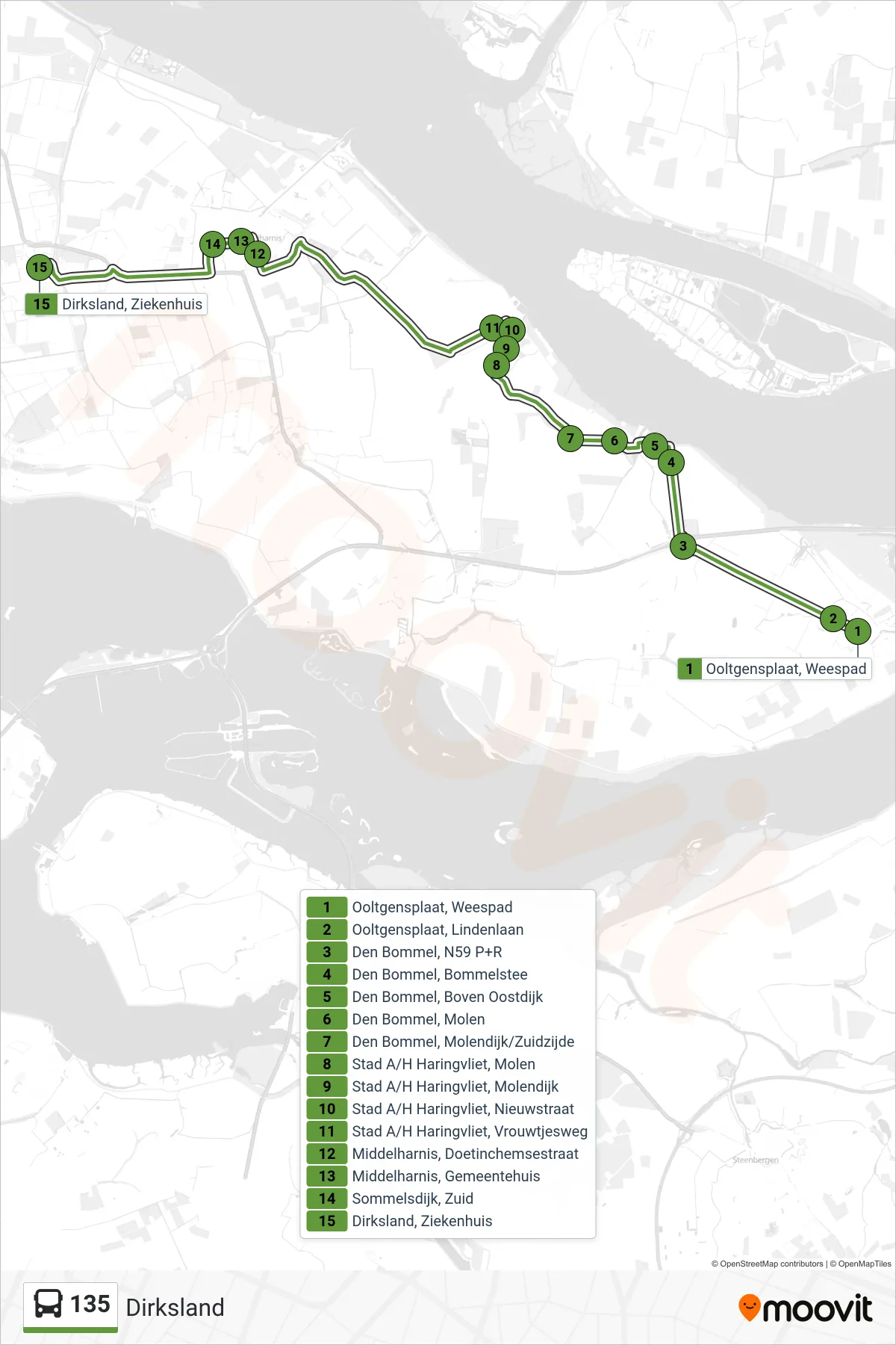 Lijn 135 (bus, Dirksland): route en haltes op de kaart