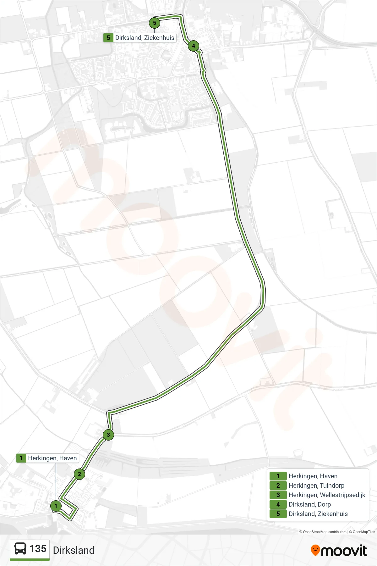 Lijn 135 (bus, Dirksland): route en haltes op de kaart