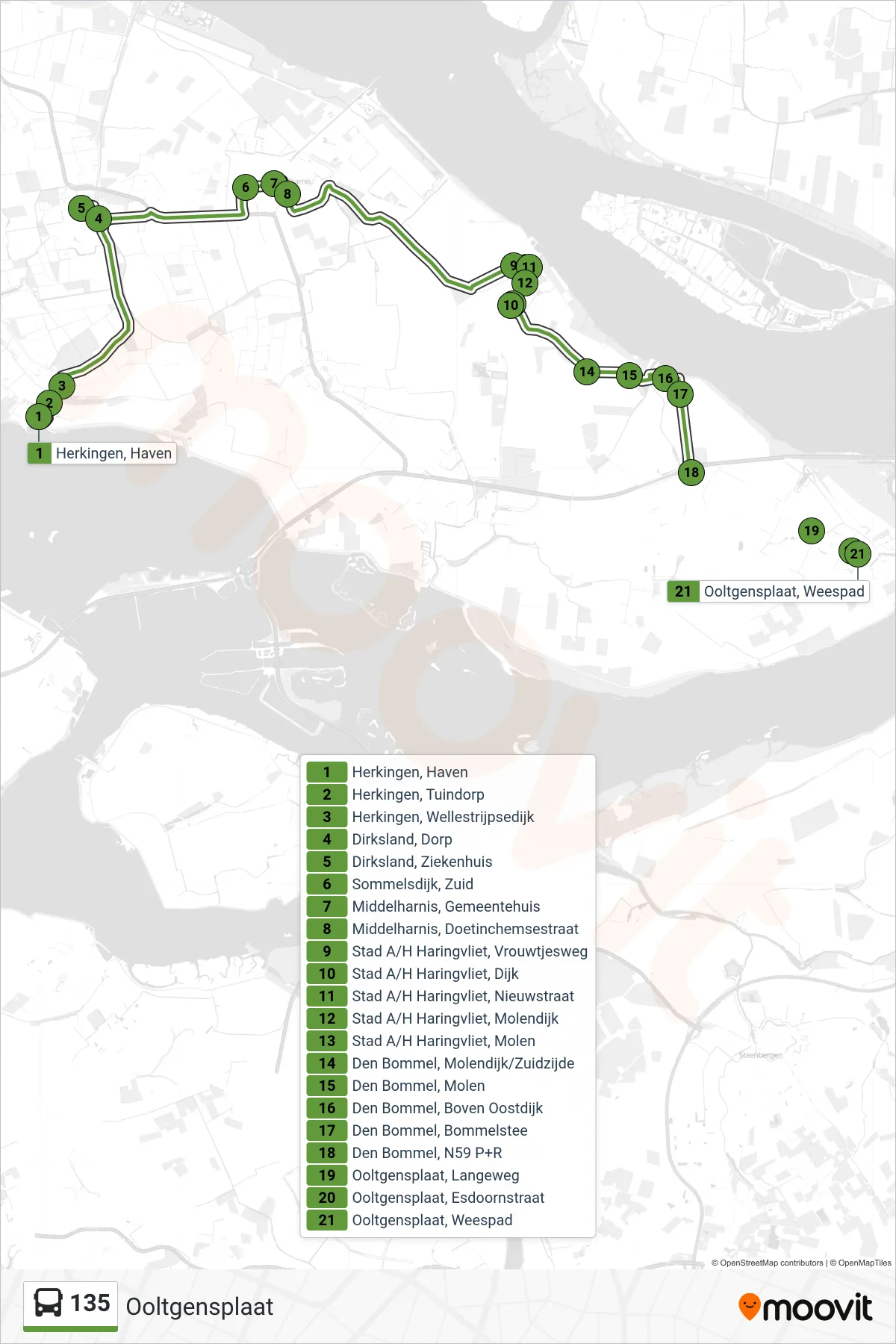 135 bus Line (Ooltgensplaat) route and stops on a map