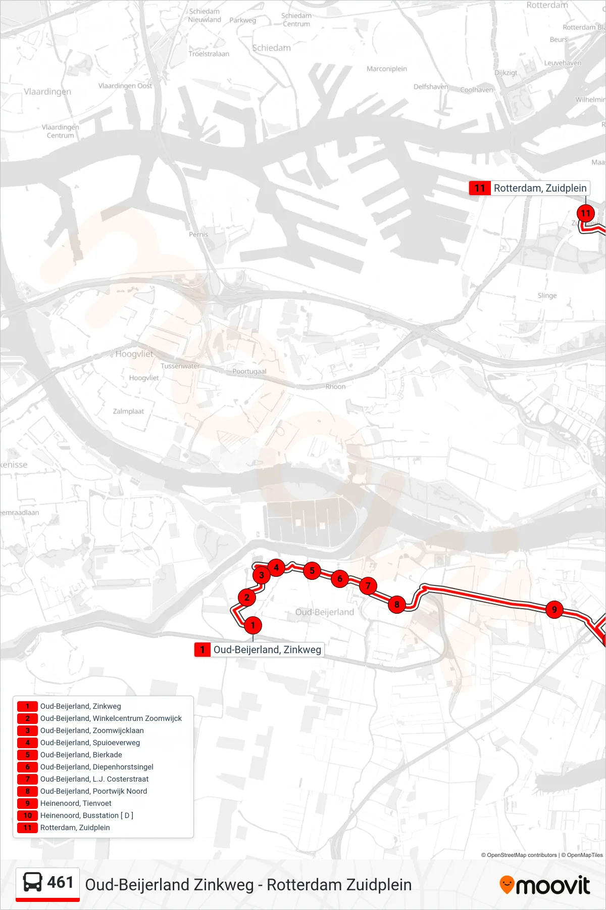 Lijn 461 (bus, Rotterdam Zuidplein): route en haltes op de kaart