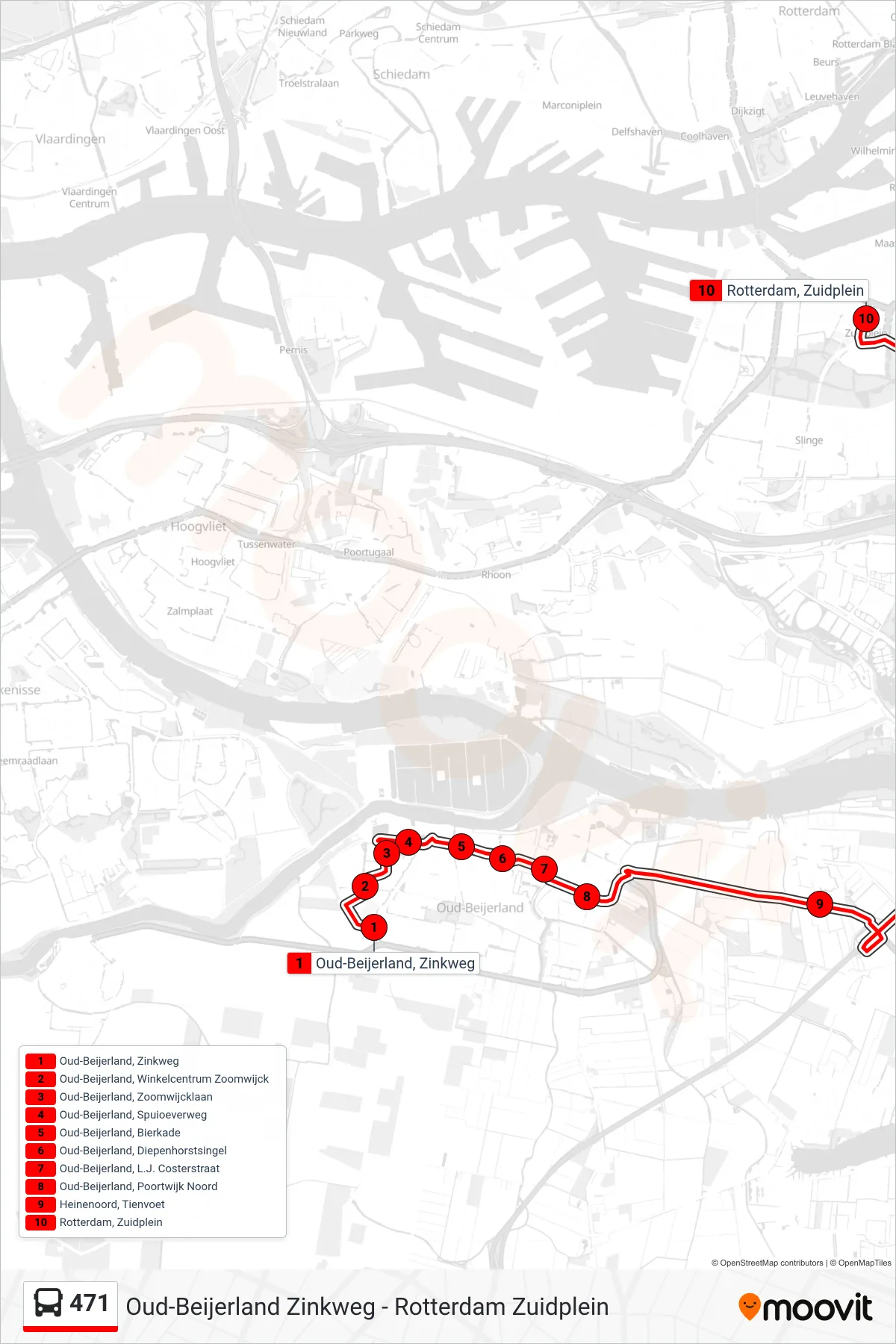 Lijn 471 (bus, Rotterdam Zuidplein): route en haltes op de kaart