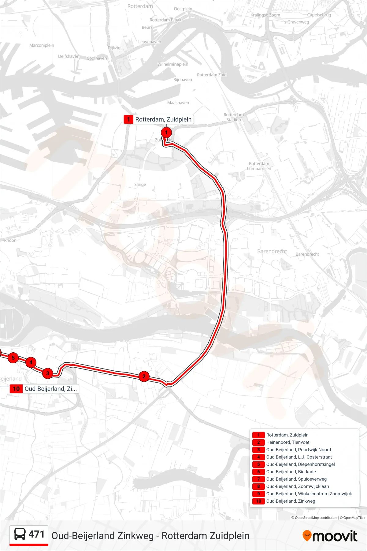 Lijn 471 (bus, Oud-Beijerland Zinkweg): route en haltes op de kaart