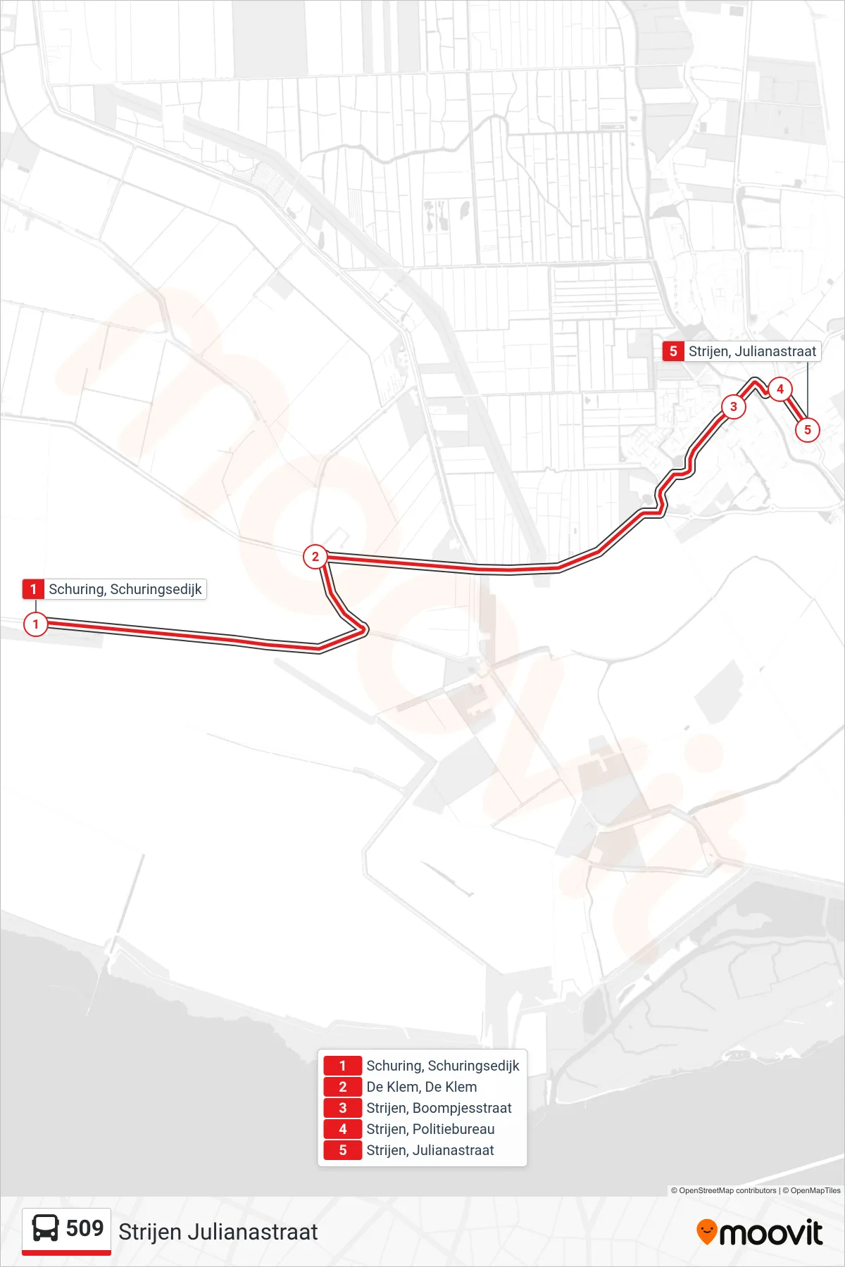 Lijn 509 (bus, Strijen Julianastraat): route en haltes op de kaart