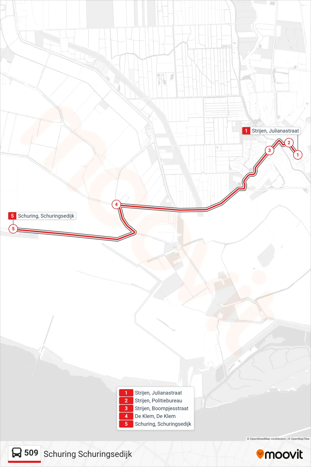 Lijn 509 (bus, Schuring Schuringsedijk): route en haltes op de kaart