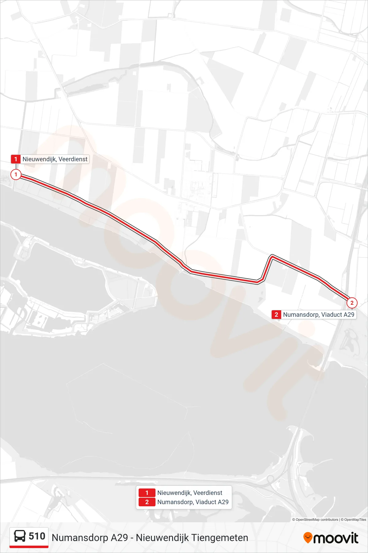 510 bus Line (Numansdorp Viaduct A29) route and stops on a map