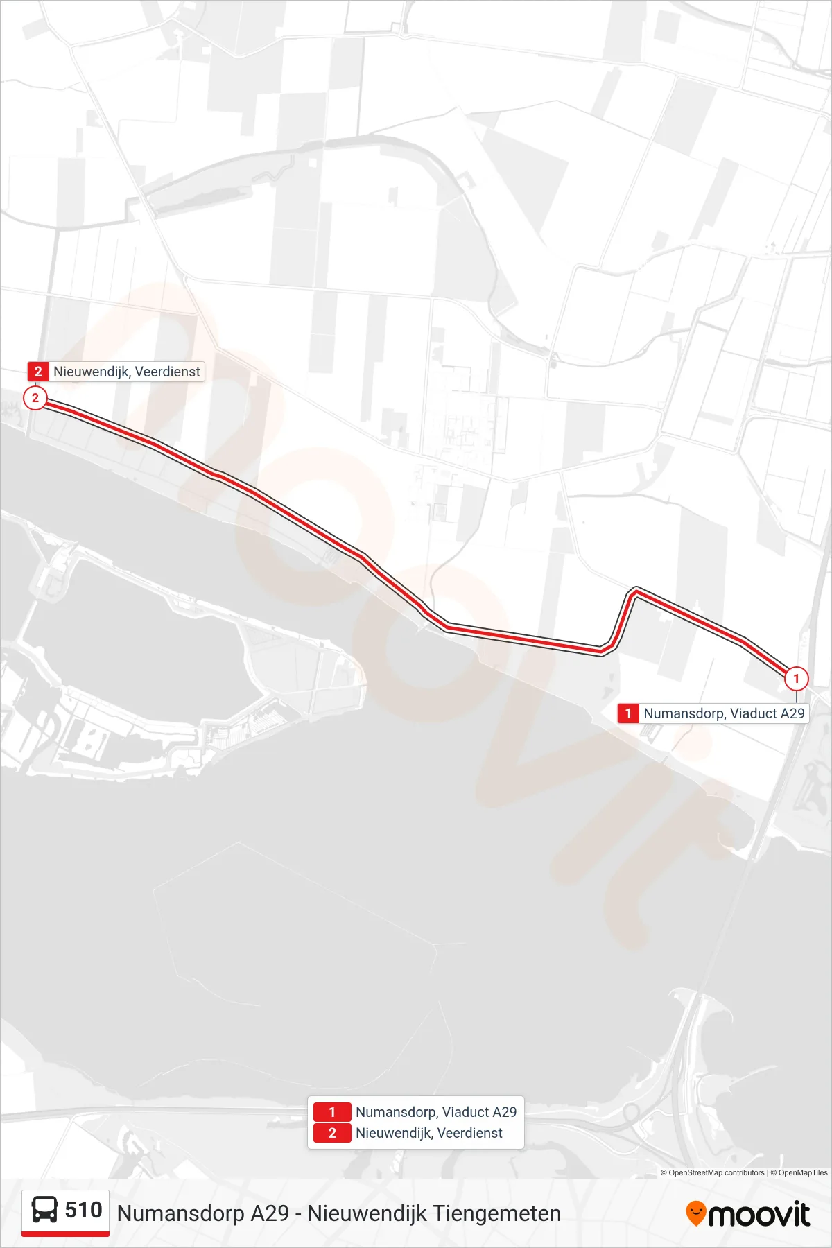 Lijn 510 (bus, Nieuwendijk Veerdienst): route en haltes op de kaart