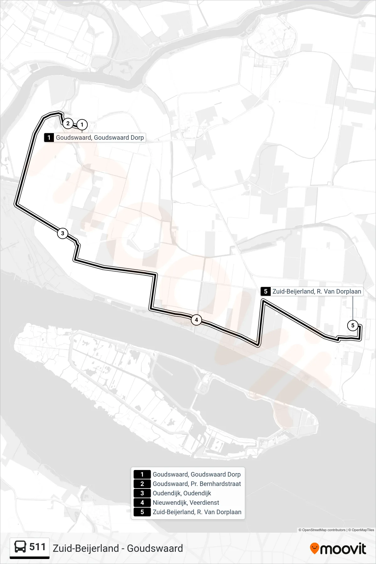 Lijn 511 (bus, Zuid-Beijerland R. Van Dorplaan): route en haltes op de kaart