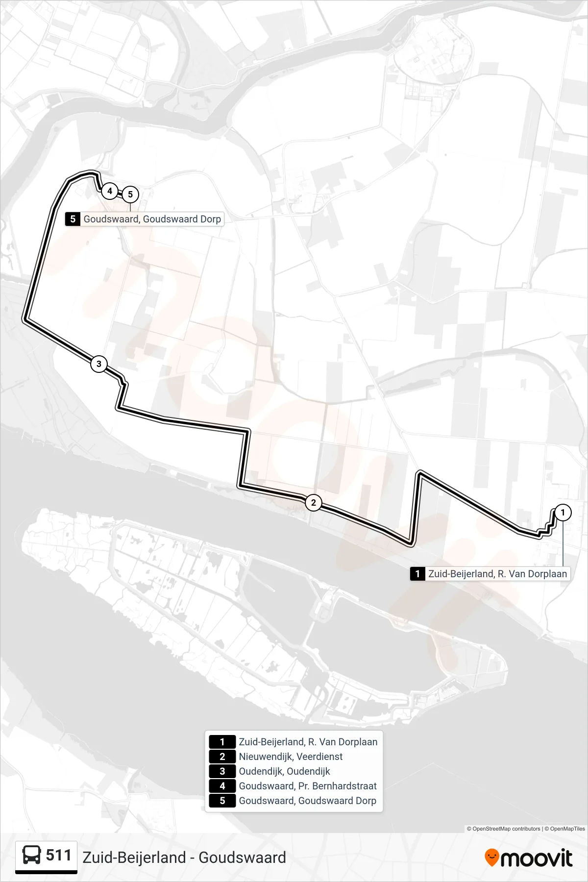Lijn 511 (bus, Goudswaard Goudswaard Dorp): route en haltes op de kaart