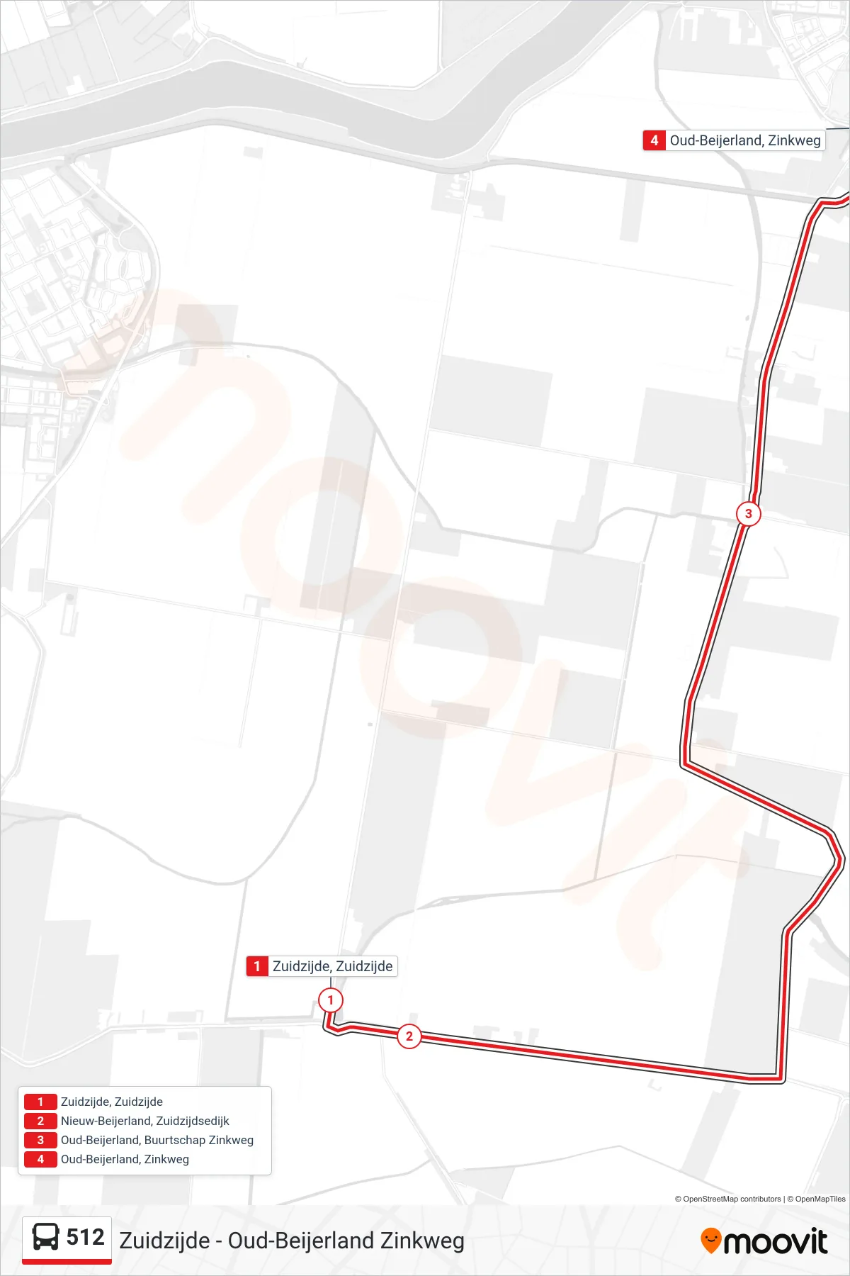 Lijn 512 (bus, Oud-Beijerland Zinkweg): route en haltes op de kaart