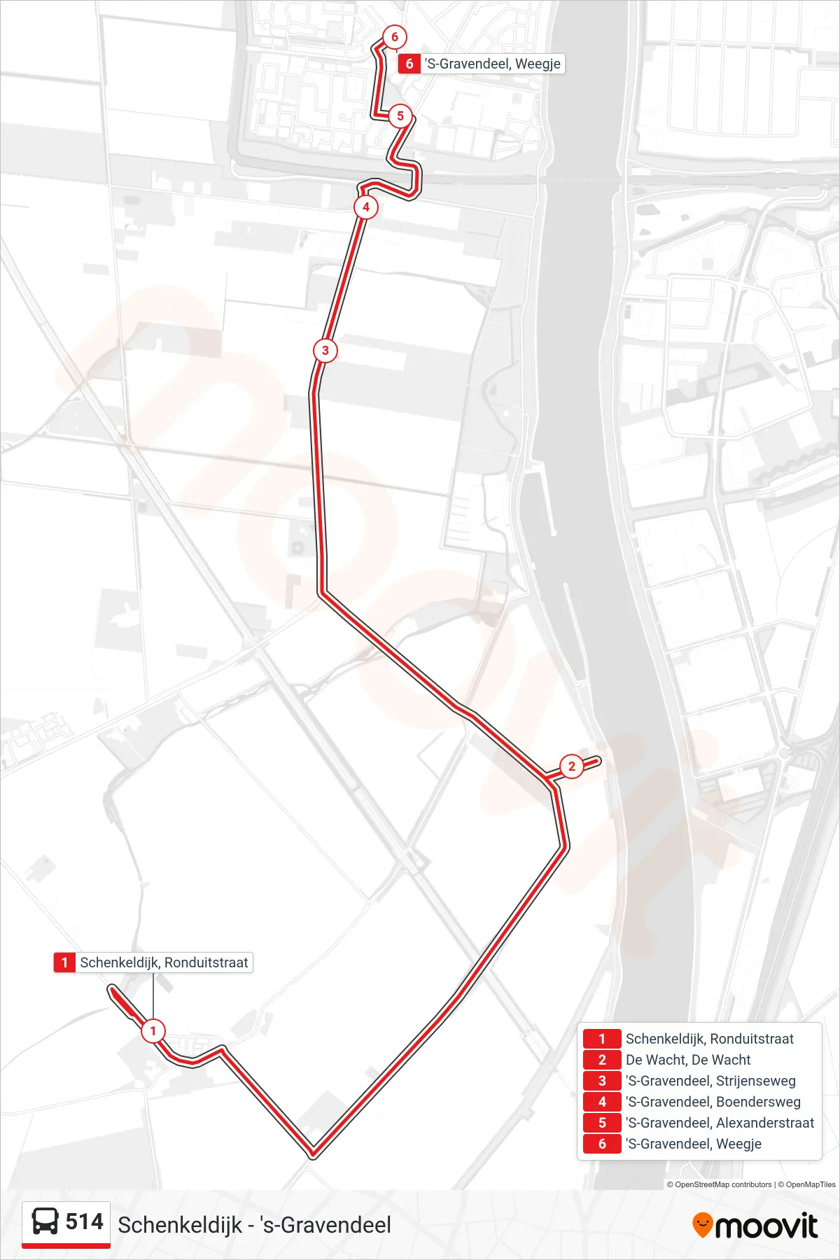 Lijn 514 (bus, 'S-Gravendeel Weegje): route en haltes op de kaart