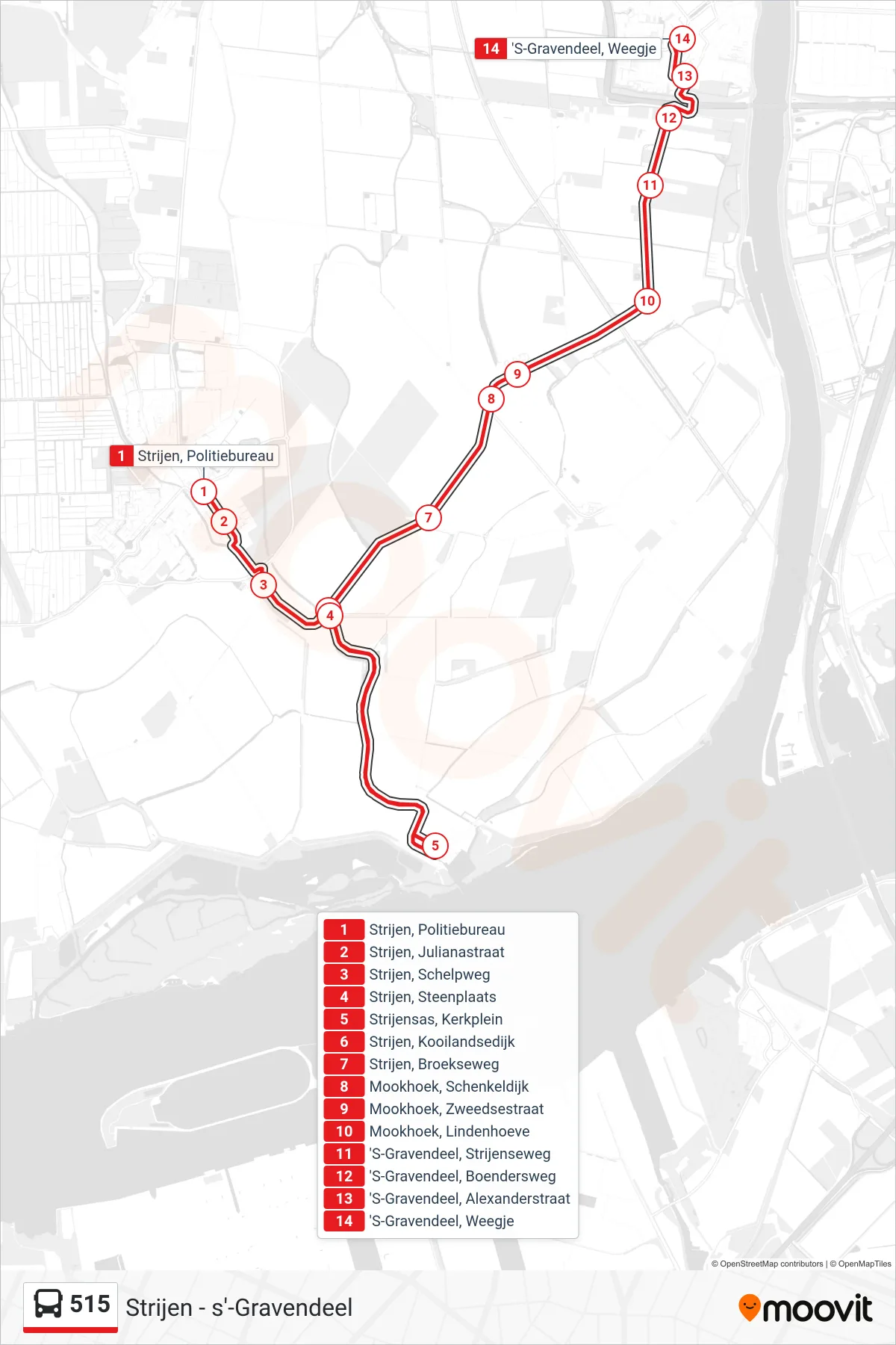 Lijn 515 (bus, 'S-Gravendeel Weegje): route en haltes op de kaart