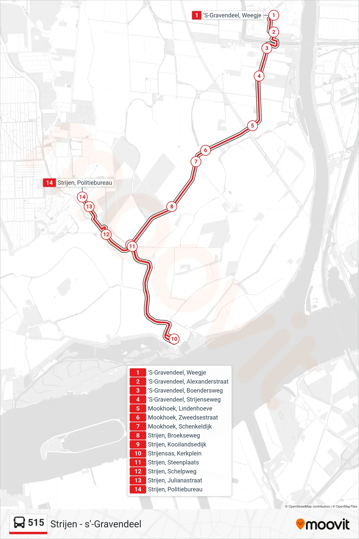 Lijn 515 (bus, Strijen Politiebureau): route en haltes op de kaart