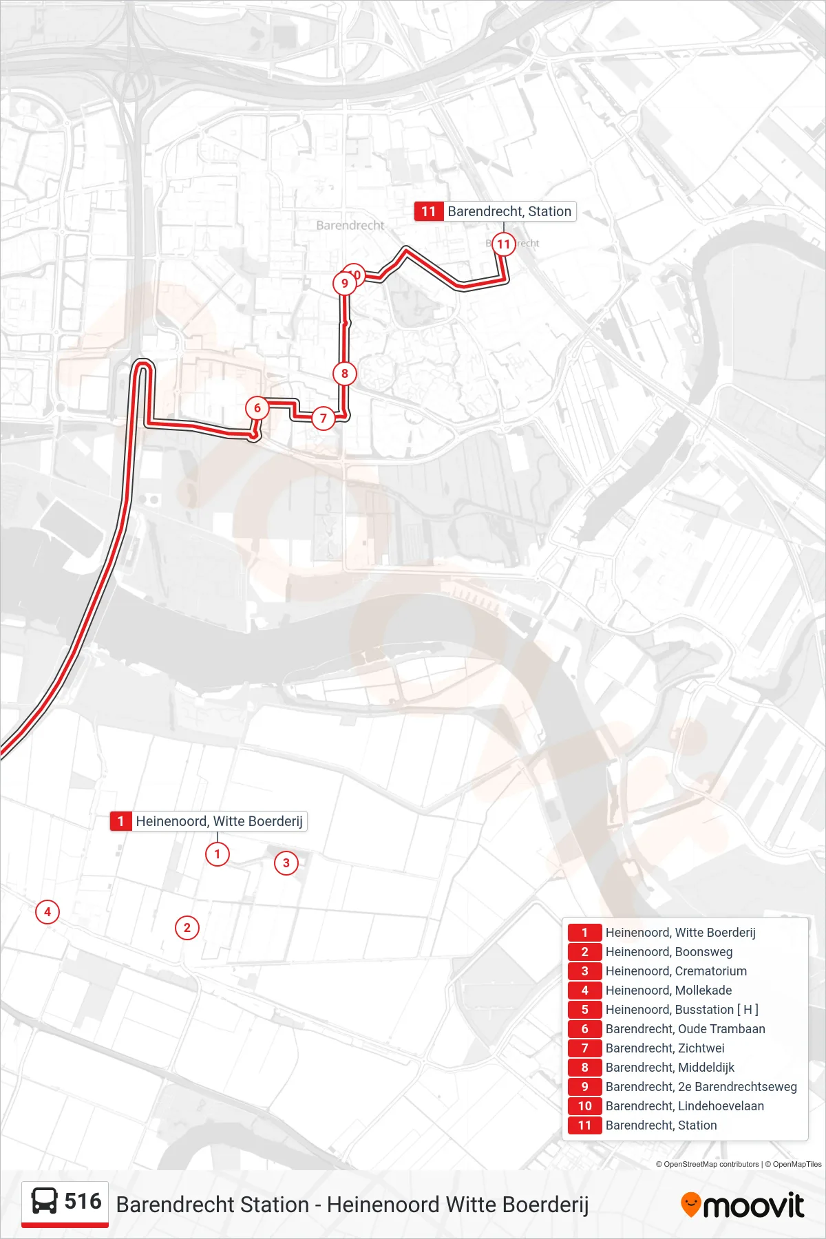 Lijn 516 (bus, Barendrecht Station): route en haltes op de kaart