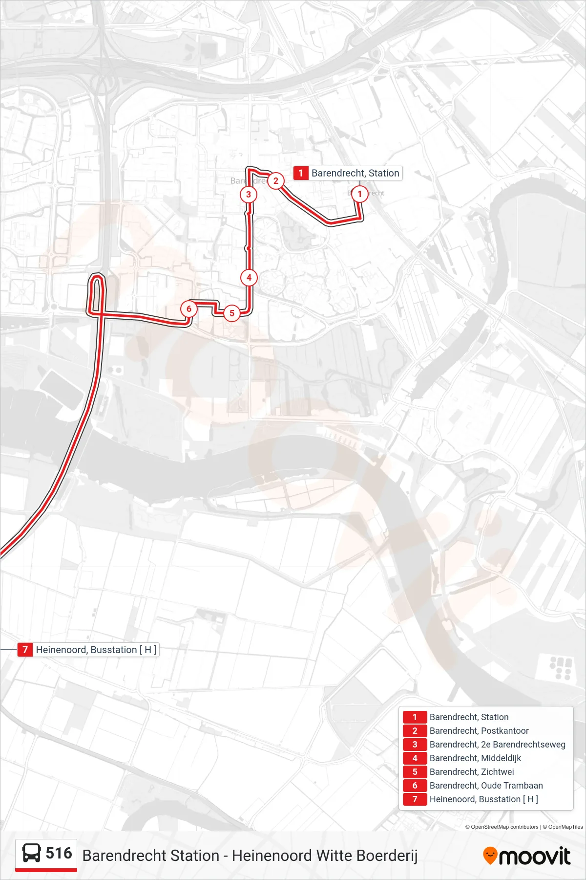 Lijn 516 (bus, Heinenoord Busstation): route en haltes op de kaart