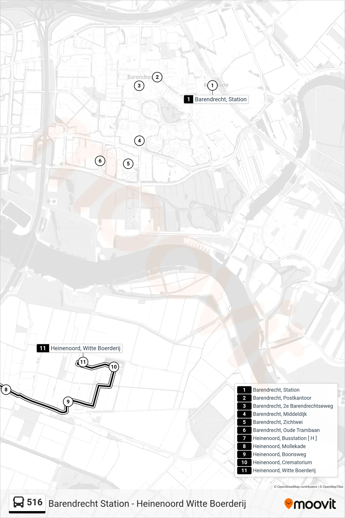 Lijn 516 (bus, Heinenoord Witte Boerderij): route en haltes op de kaart