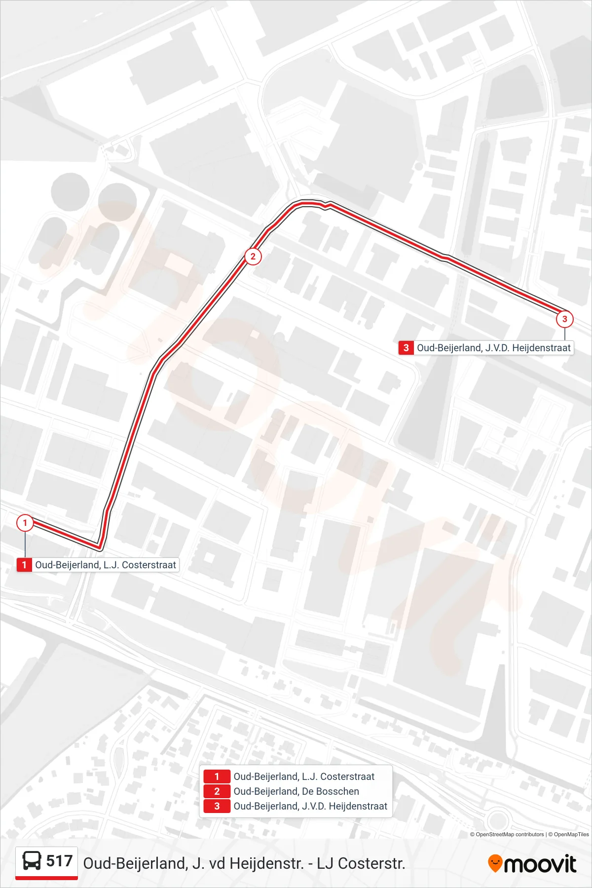 Lijn 517 (bus, Oud-Beijerland J.V.D. Heijdenstraat): route en haltes op de kaart