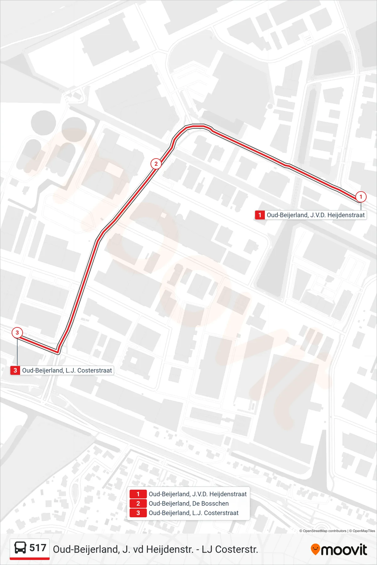 Lijn 517 (bus, Oud-Beijerland L.J. Costerstraat): route en haltes op de kaart