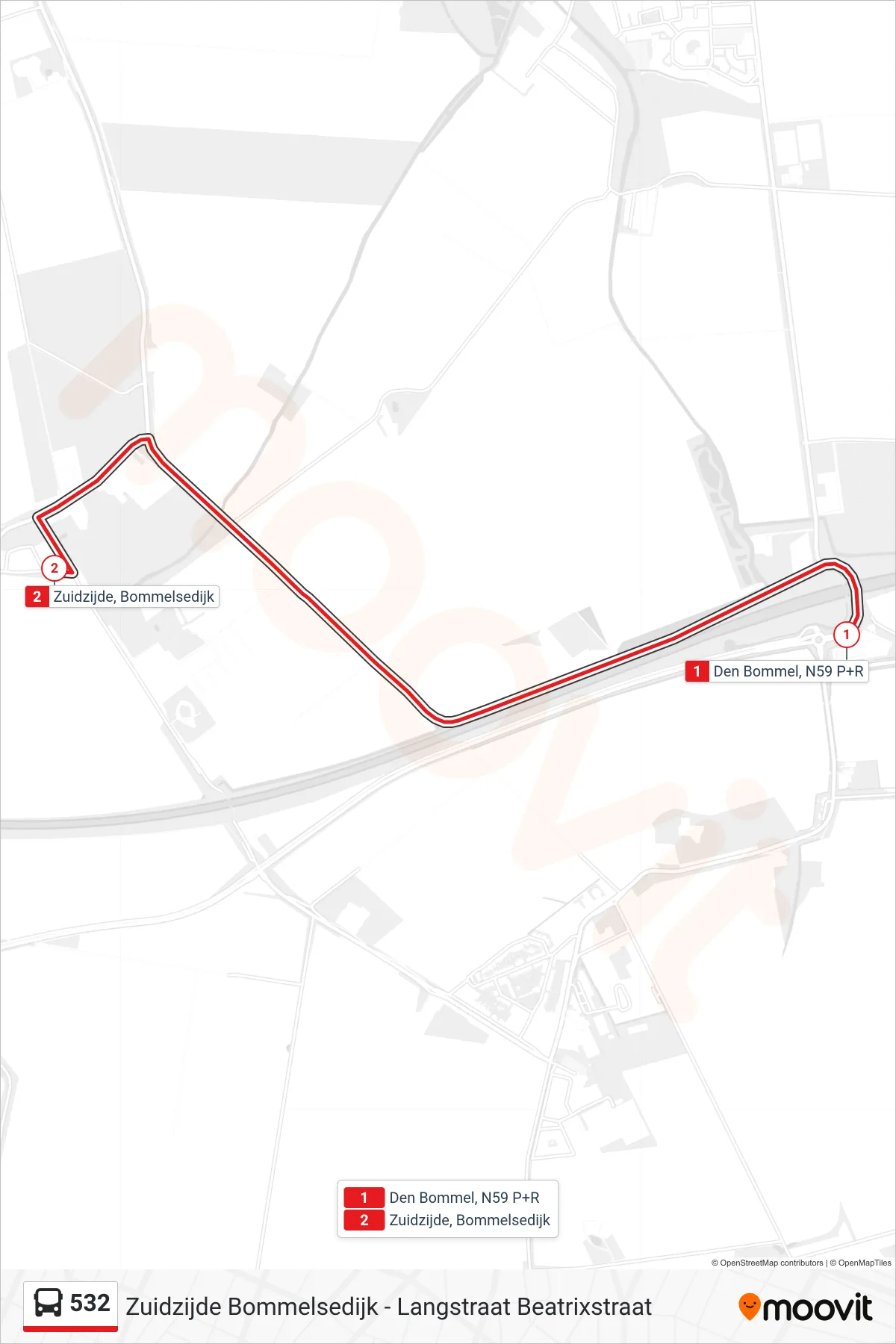 Lijn 532 (bus, Zuidzijde Bommelsedijk): route en haltes op de kaart