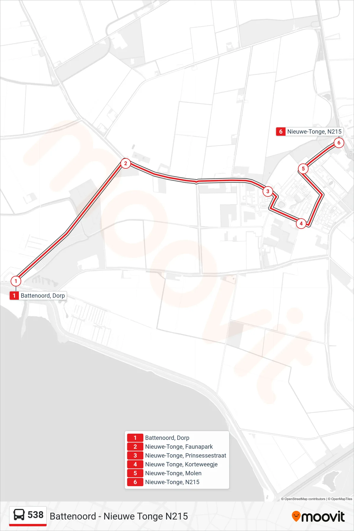 Lijn 538 (bus, Nieuwe-Tonge N215): route en haltes op de kaart