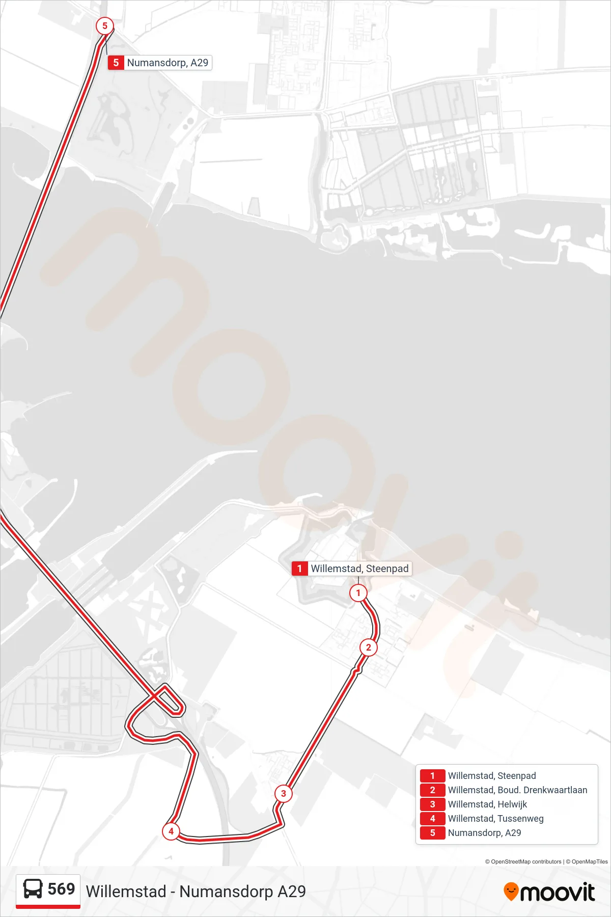 Lijn 569 (bus, Numansdorp A29): route en haltes op de kaart