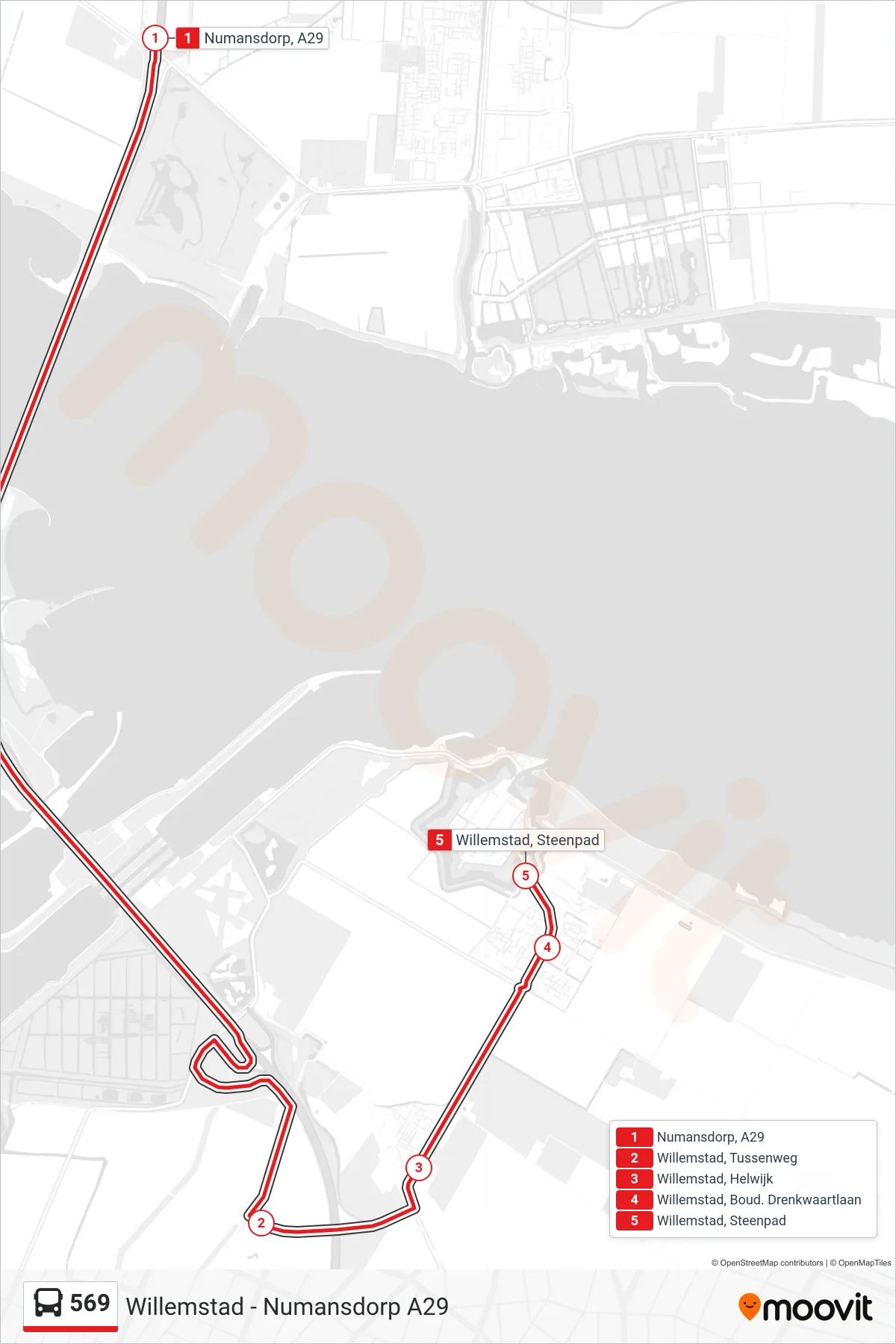 Lijn 569 (bus, Willemstad Steenpad): route en haltes op de kaart