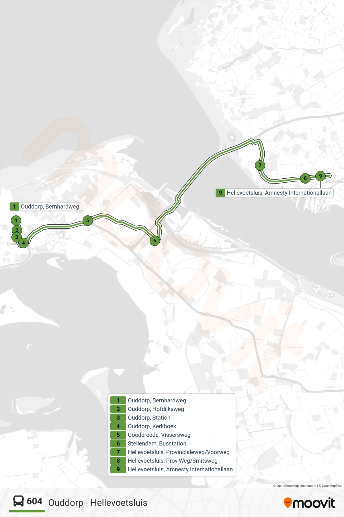 Lijn 604 (bus, Hellevoetsluis Amnesty Internationallaan): route en haltes op de kaart