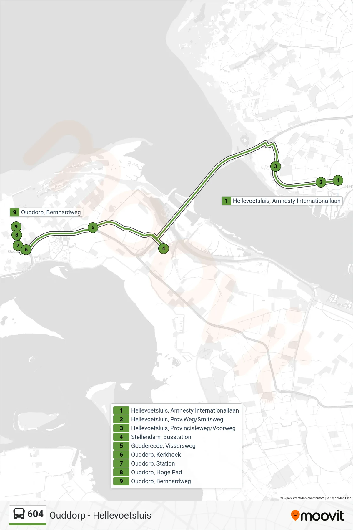 604 bus Line (Ouddorp Bernhardweg) route and stops on a map