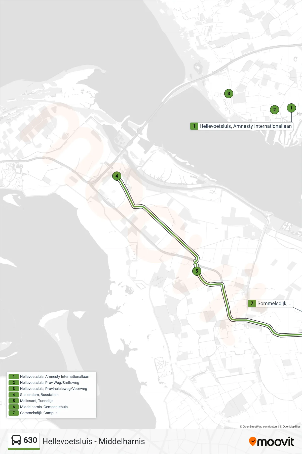 Lijn 630 (bus, Sommelsdijk Campus): route en haltes op de kaart