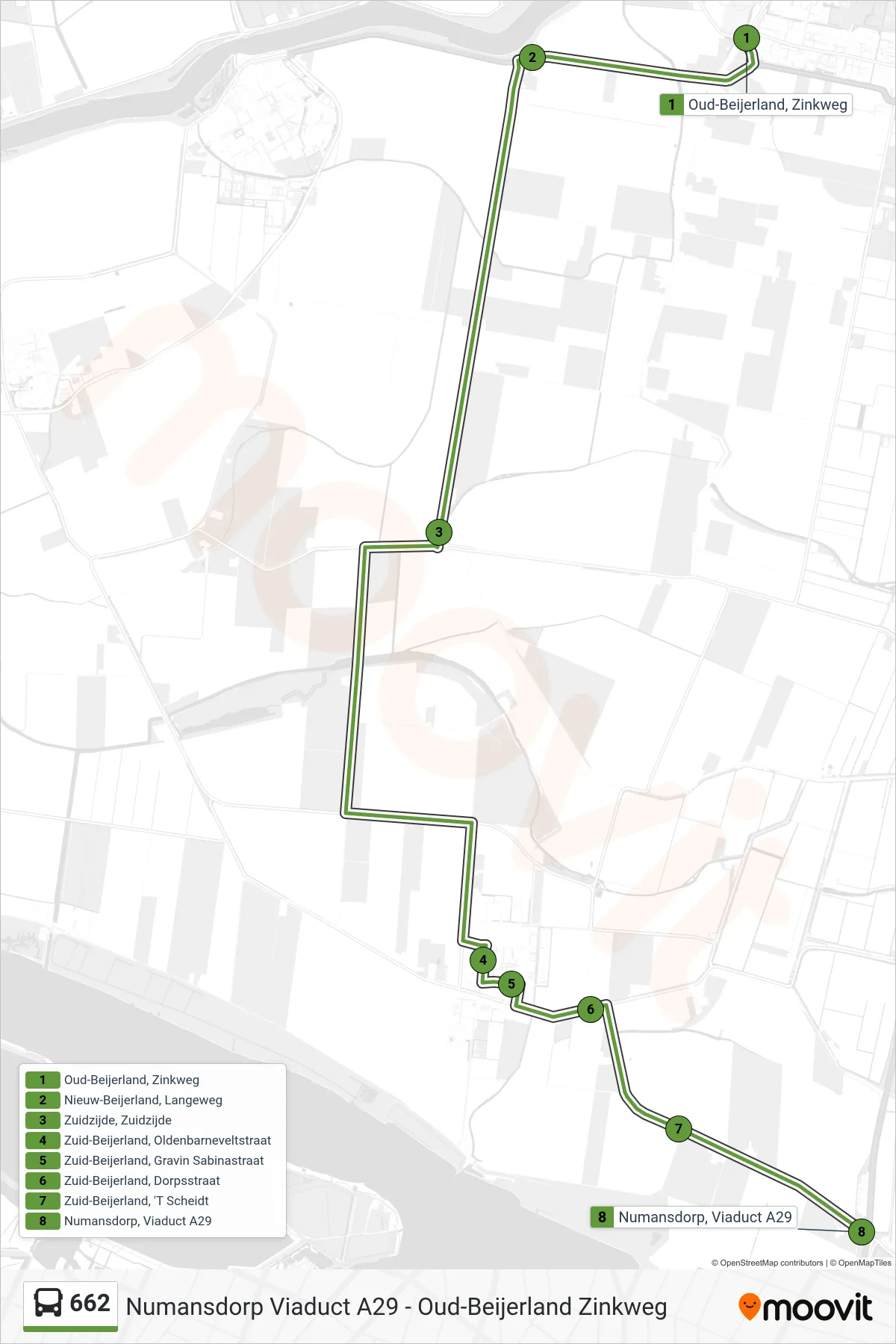 Lijn 662 (bus, Numansdorp Viaduct A29): route en haltes op de kaart