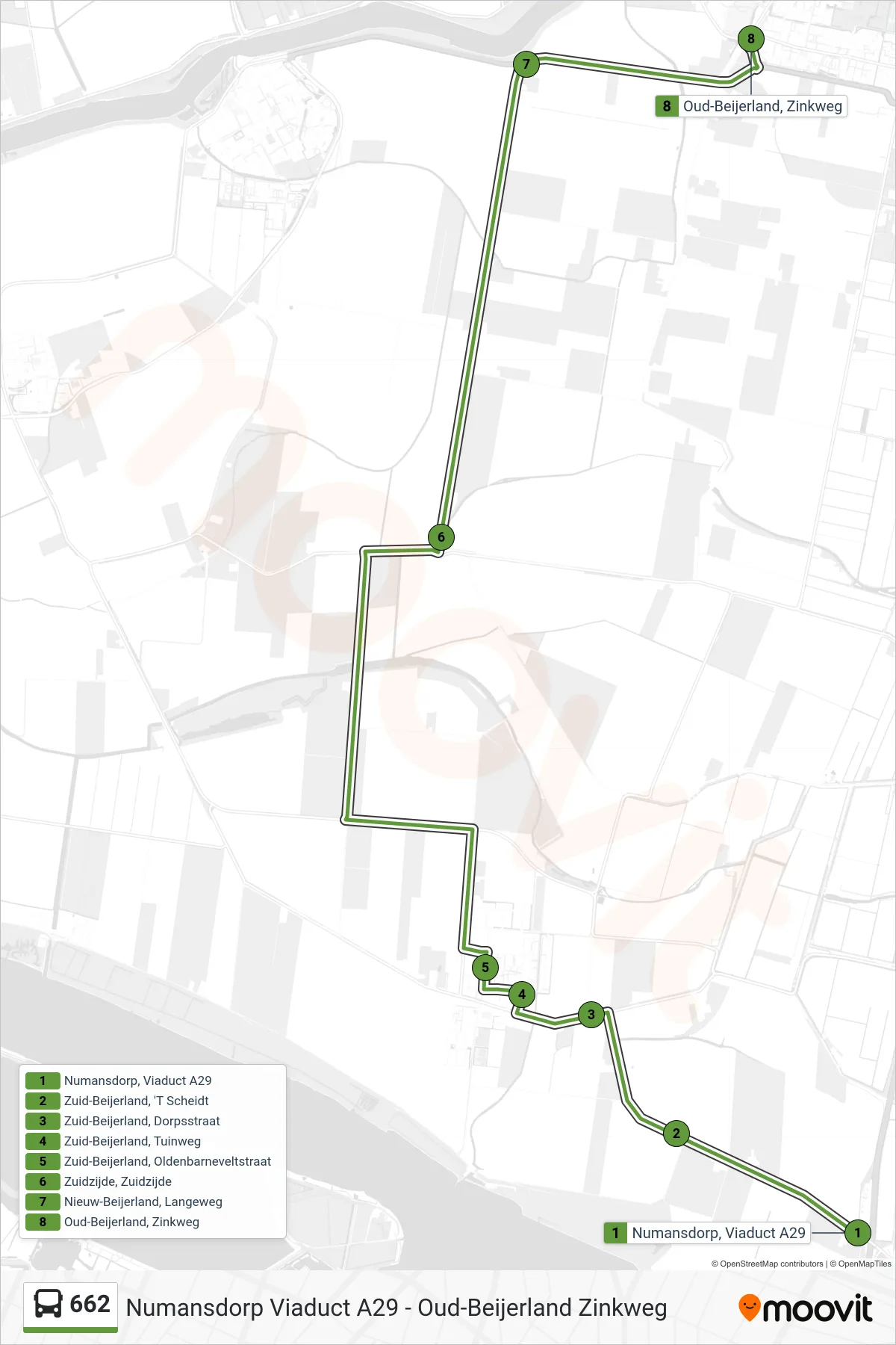 662 bus Line (Oud-Beijerland Zinkweg) route and stops on a map