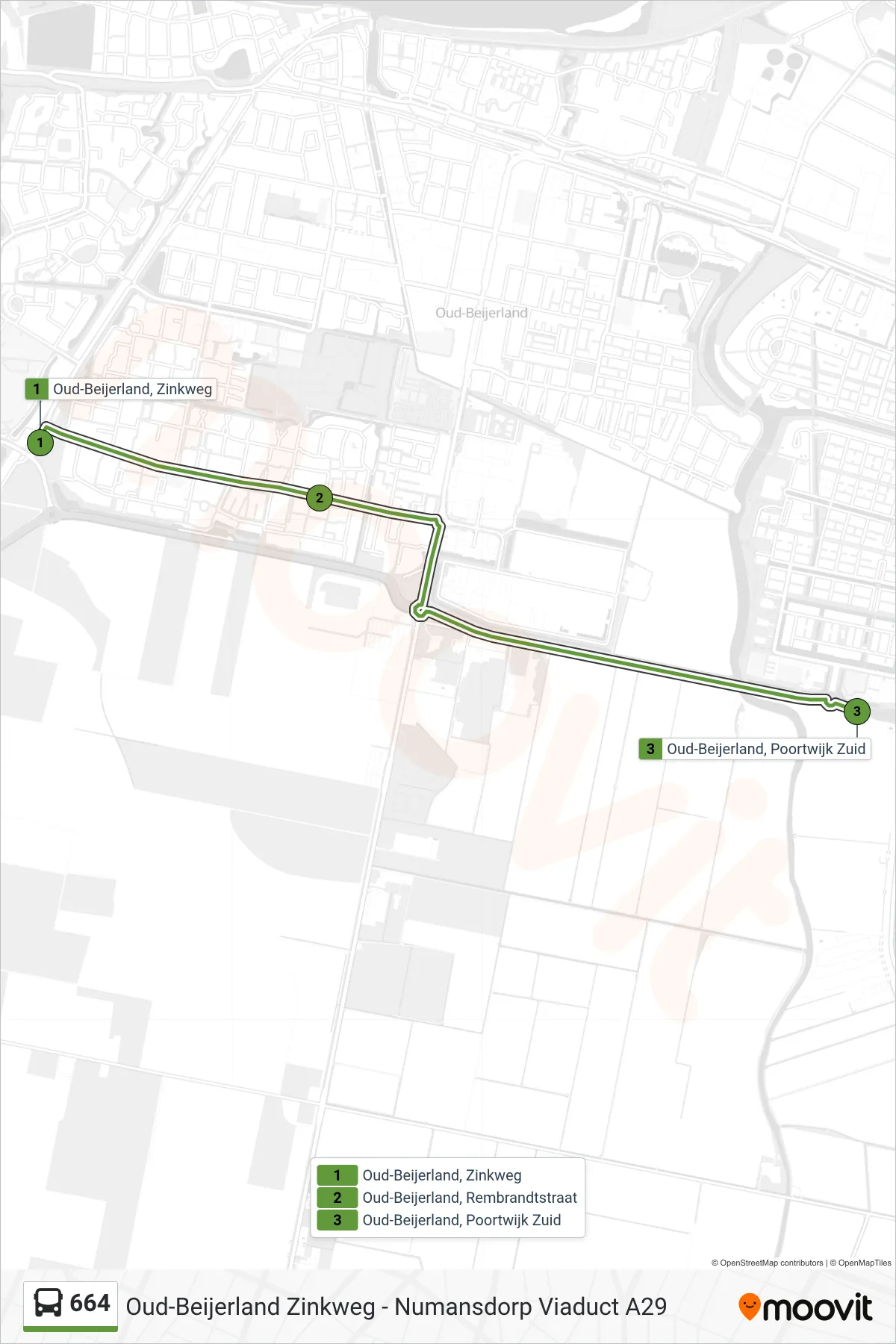 Lijn 664 (bus, Oud-Beijerland Poortwijk Zuid): route en haltes op de kaart