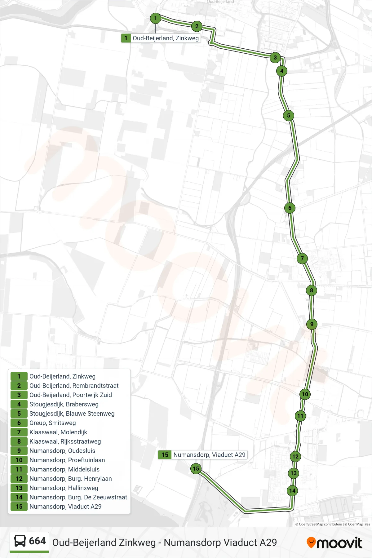 664 bus Line (Numansdorp Viaduct A29) route and stops on a map