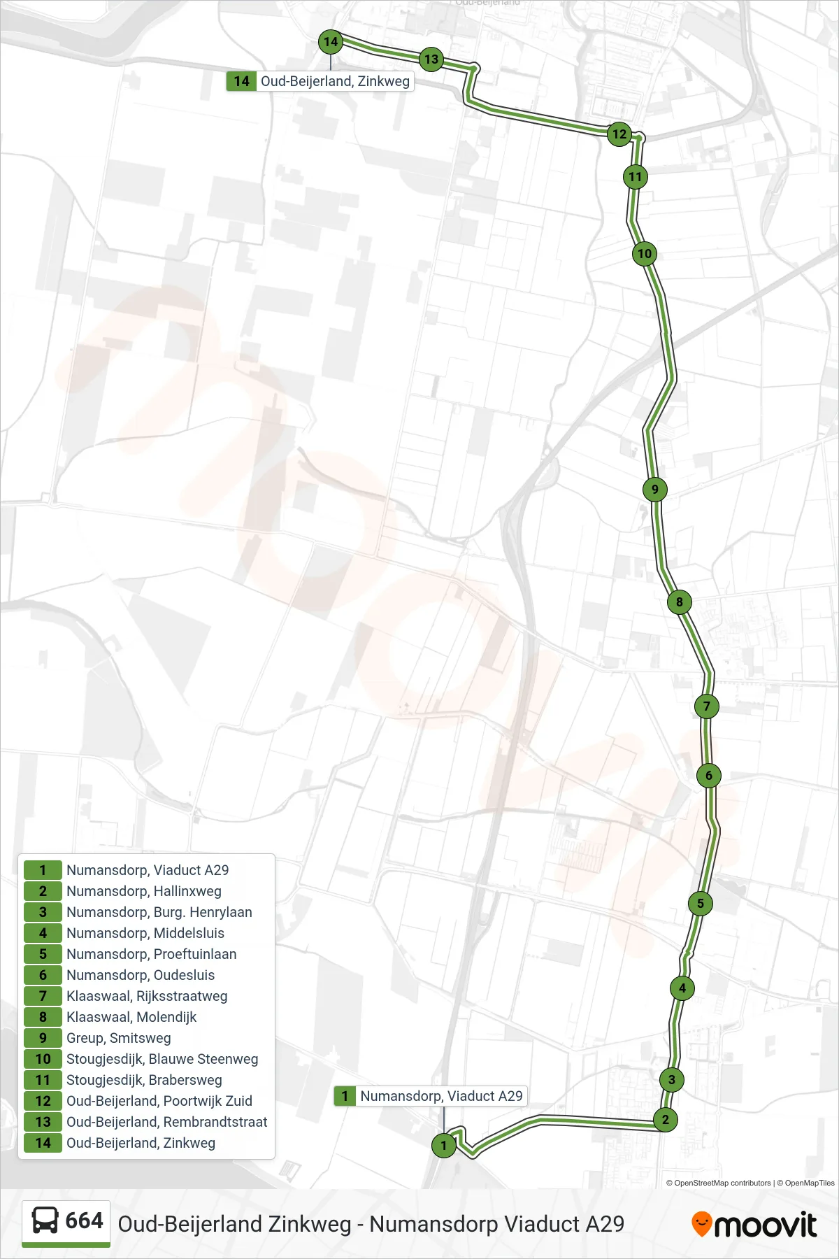 Lijn 664 (bus, Oud-Beijerland Zinkweg): route en haltes op de kaart