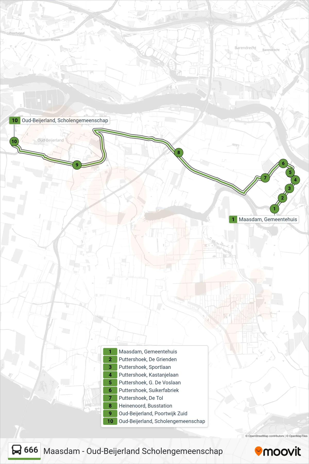 Lijn 666 (bus, Oud-Beijerland Scholen): route en haltes op de kaart