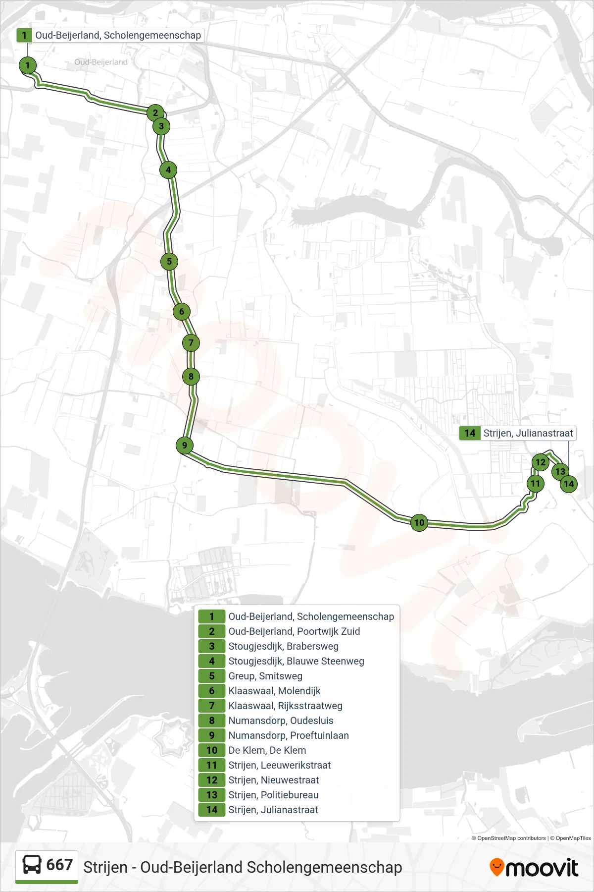 Lijn 667 (bus, Strijen Julianastraat): route en haltes op de kaart