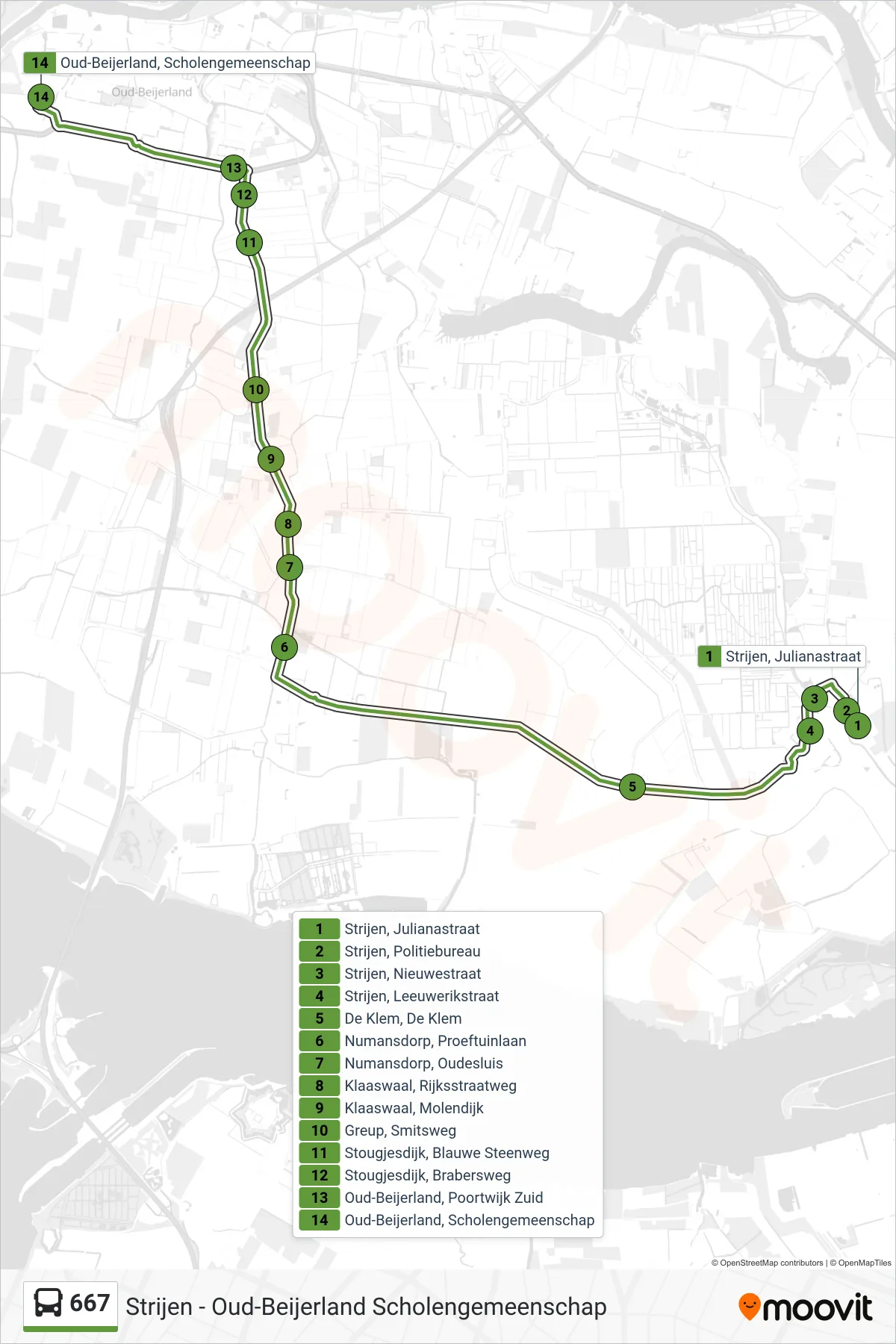 Lijn 667 (bus, Oud-Beijerland Scholengemeenschap): route en haltes op de kaart