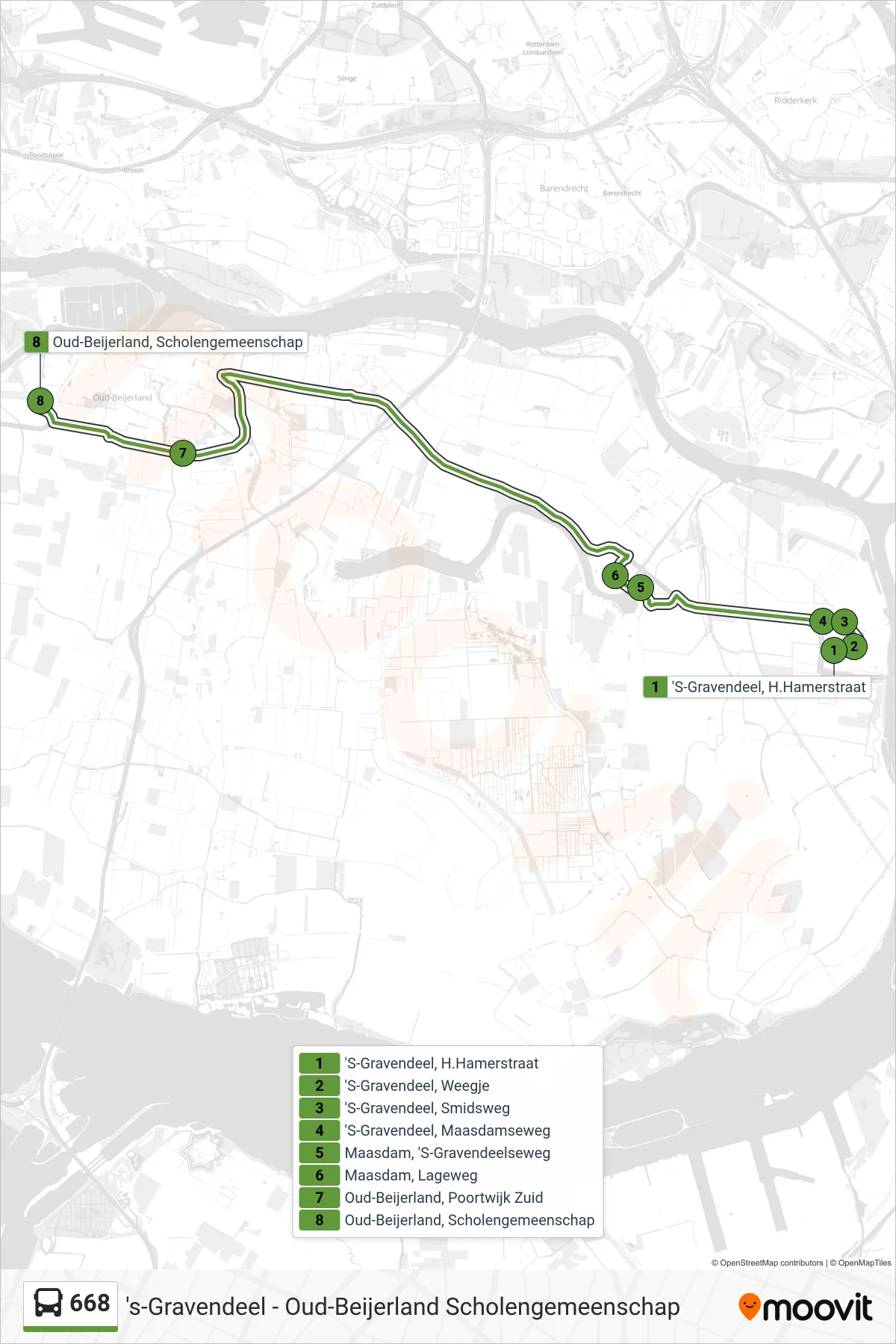 Lijn 668 (bus, Oud-Beijerland Scholengemeenschap): route en haltes op de kaart