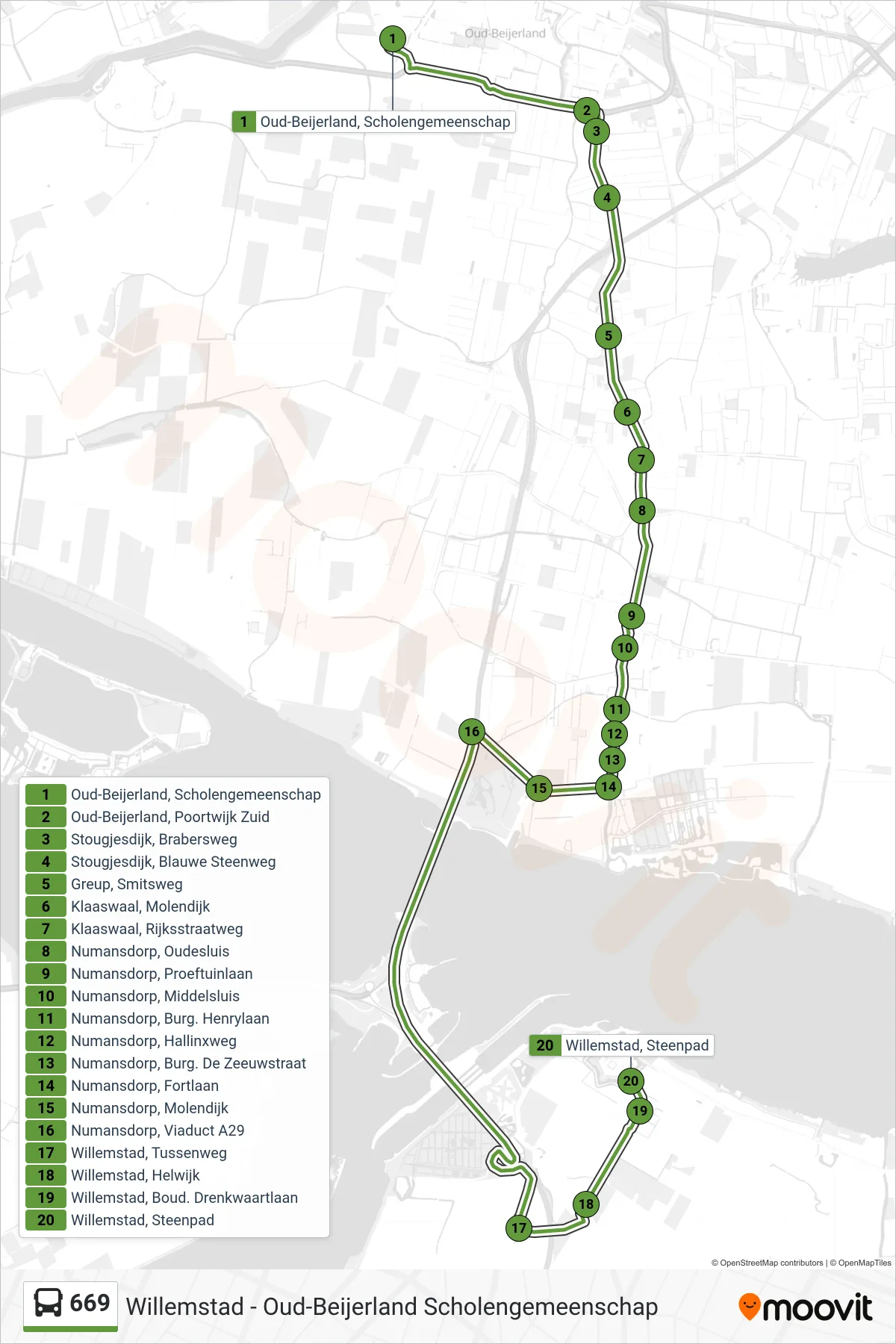 Lijn 669 (bus, Willemstad Steenpad): route en haltes op de kaart